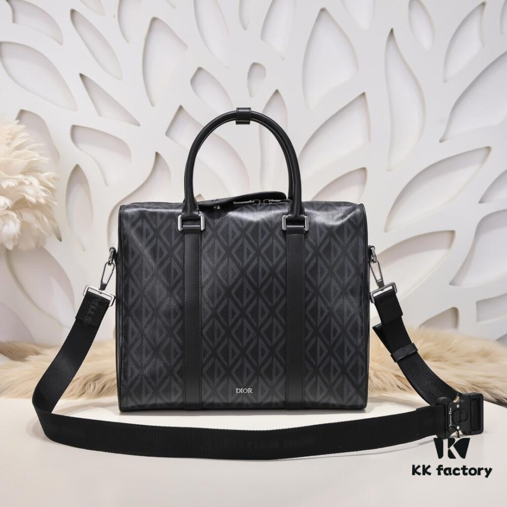 Dior Latest Men's Briefcase/Handbag from Official Counter - Hit the Road Series, Black CD Diamond Canvas with Signature Straps, Spacious Design, Model D8009