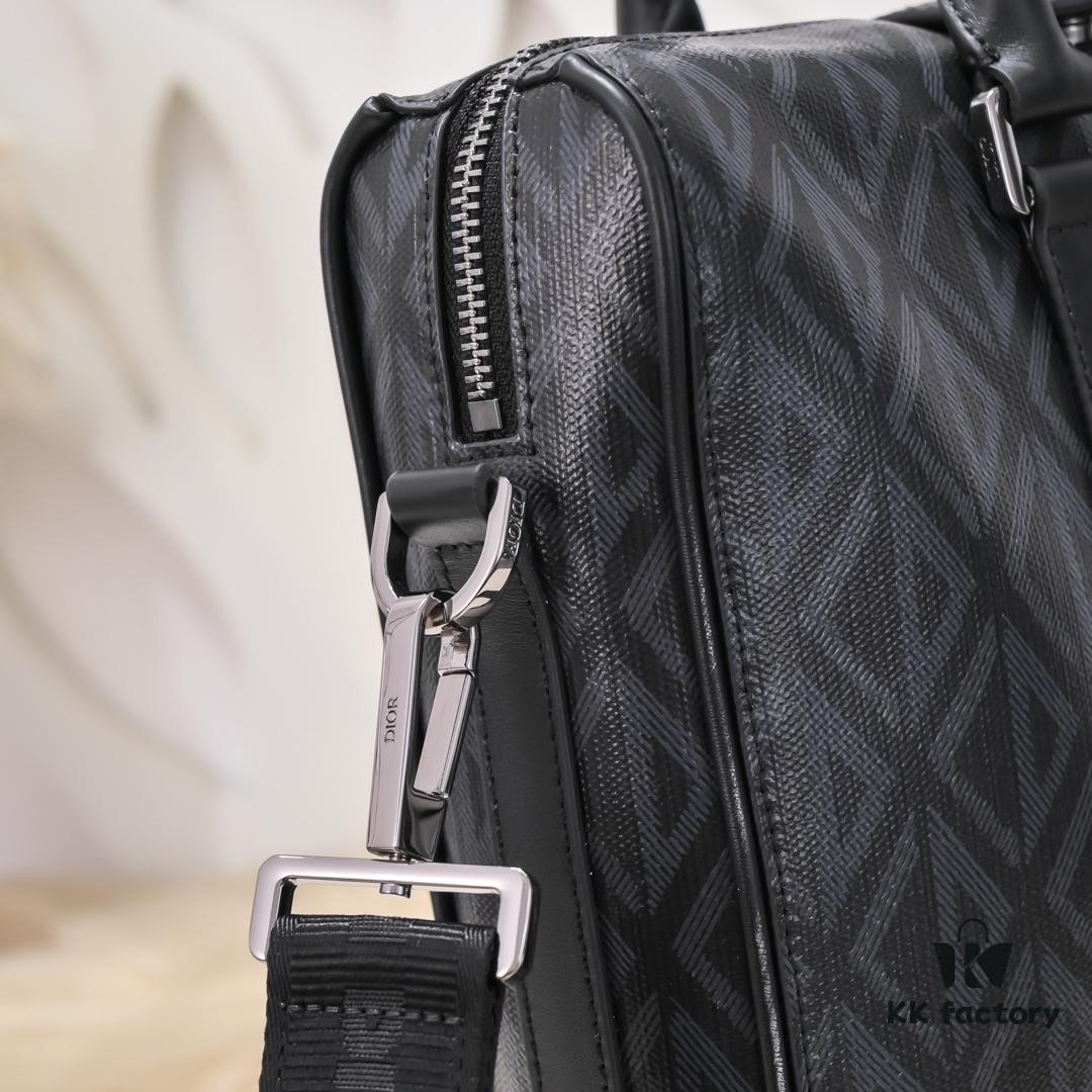 Dior Latest Men's Briefcase/Handbag from Official Counter - Hit the Road Series, Black CD Diamond Canvas with Signature Straps, Spacious Design, Model D8009