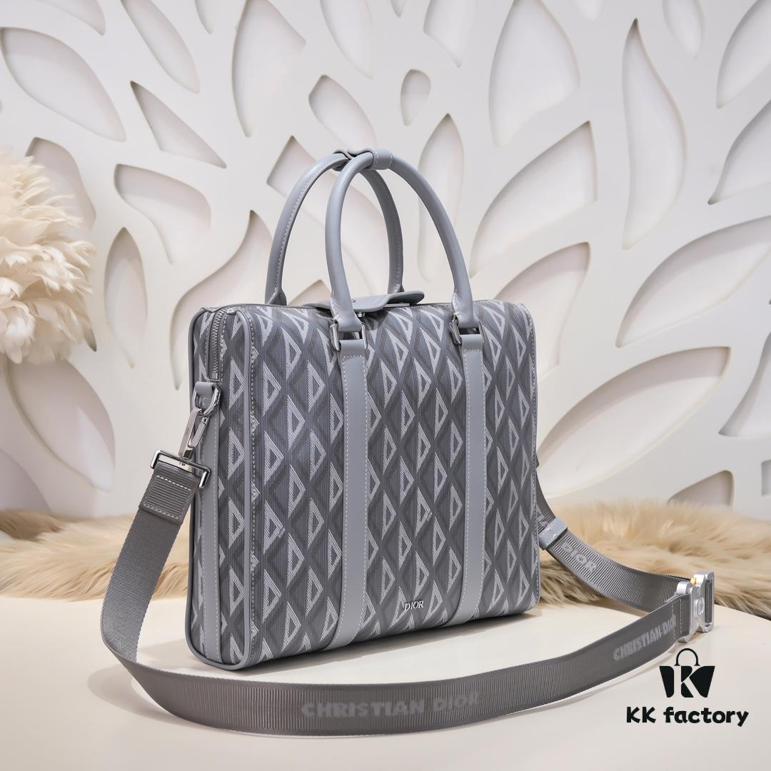 Dior Latest Collection Men's Briefcase/Handbag - Hit the Road Series, Grey CD Diamond Canvas with Signature Nylon Jacquard Straps