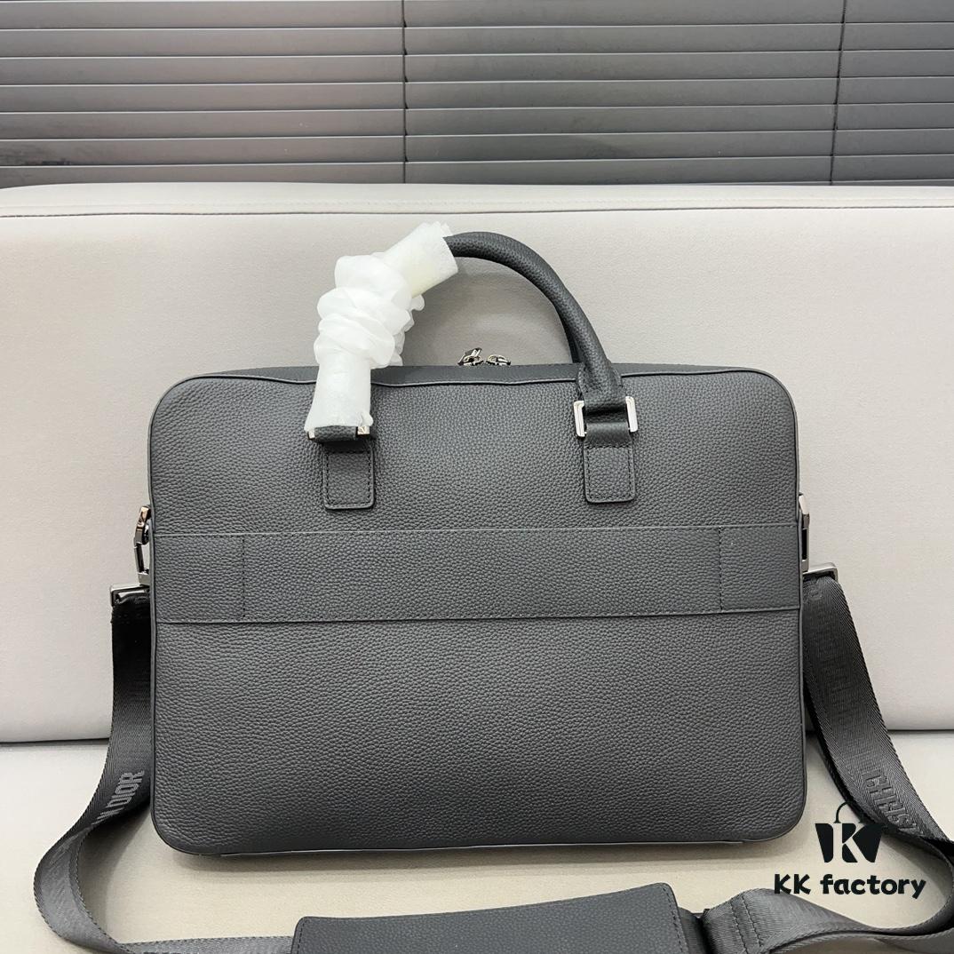 Dior Men's Leather Briefcase Laptop Bag Crossbody Handbag with Exquisite Inlay Craftsmanship, Classic and Versatile Design, Original Factory Material, High-End Quality, Includes Dust Bag, 38 x 27 cm