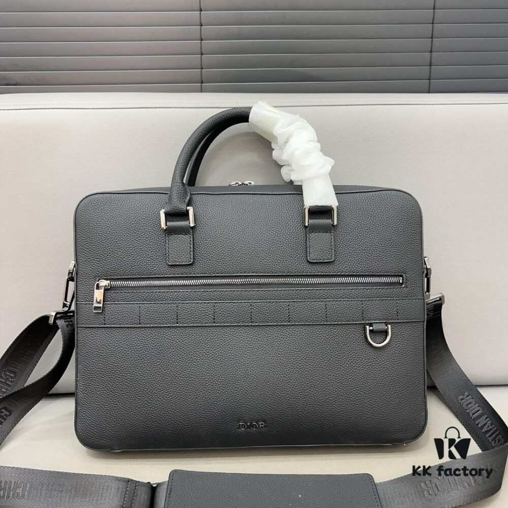 Dior Men's Leather Briefcase Laptop Bag Crossbody Handbag with Exquisite Inlay Craftsmanship, Classic and Versatile Design, Original Factory Material, High-End Quality, Includes Dust Bag, 38 x 27 cm