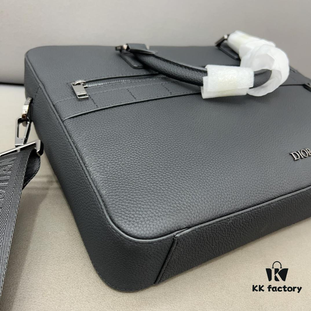 Dior Men's Leather Briefcase Laptop Bag Crossbody Handbag with Exquisite Inlay Craftsmanship, Classic and Versatile Design, Original Factory Material, High-End Quality, Includes Dust Bag, 38 x 27 cm