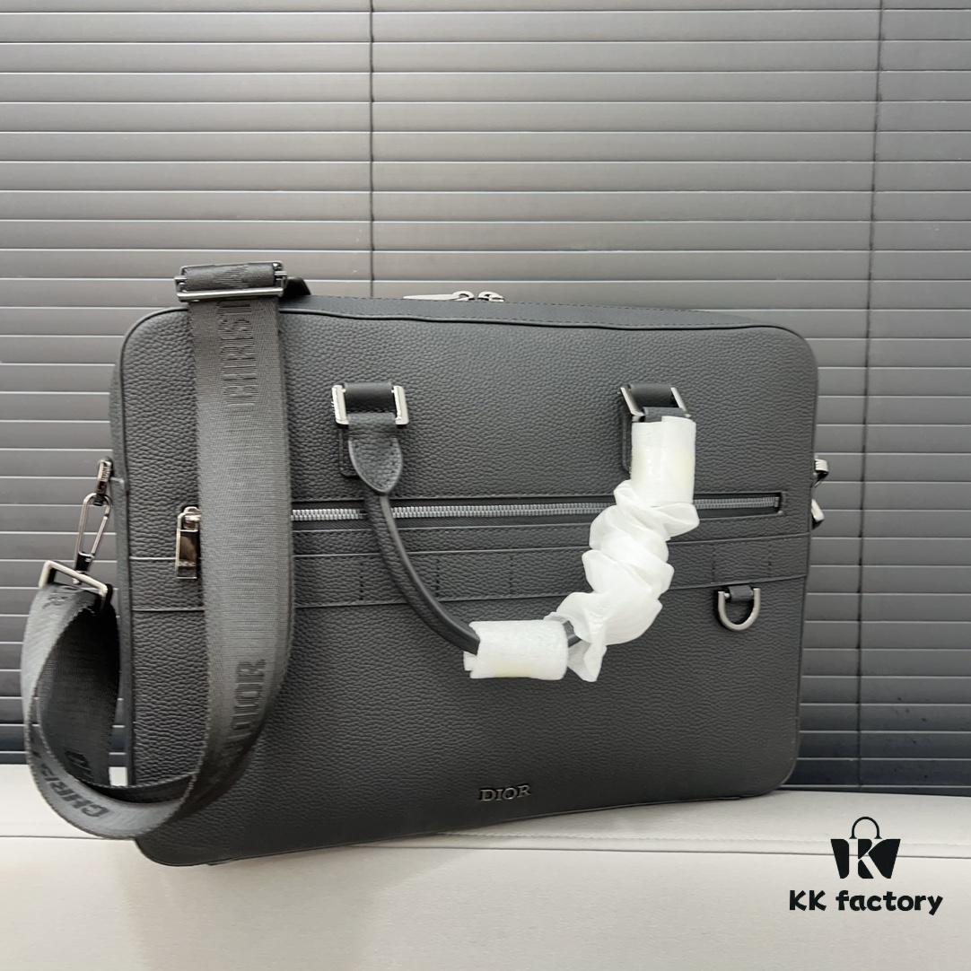 Dior Men's Leather Briefcase Laptop Bag Crossbody Handbag with Exquisite Inlay Craftsmanship, Classic and Versatile Design, Original Factory Material, High-End Quality, Includes Dust Bag, 38 x 27 cm