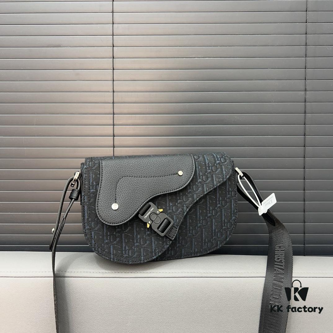 DIOR Men's Flap Shoulder Saddle Bag in Black Canvas with Leather Trim, Long Adjustable Strap, Unisex Portable Design, Celebrity Must-Have, Crafted with Precision Inlay Workmanship, Classic and Versatile