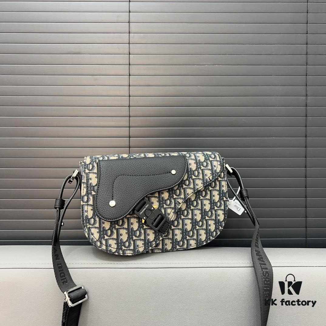 DIOR Men's Flap Shoulder Saddle Bag in Black Canvas with Leather Trim, Long Adjustable Strap, Unisex Portable Design, Celebrity Must-Have, Crafted with Precision Inlay Workmanship, Classic and Versatile