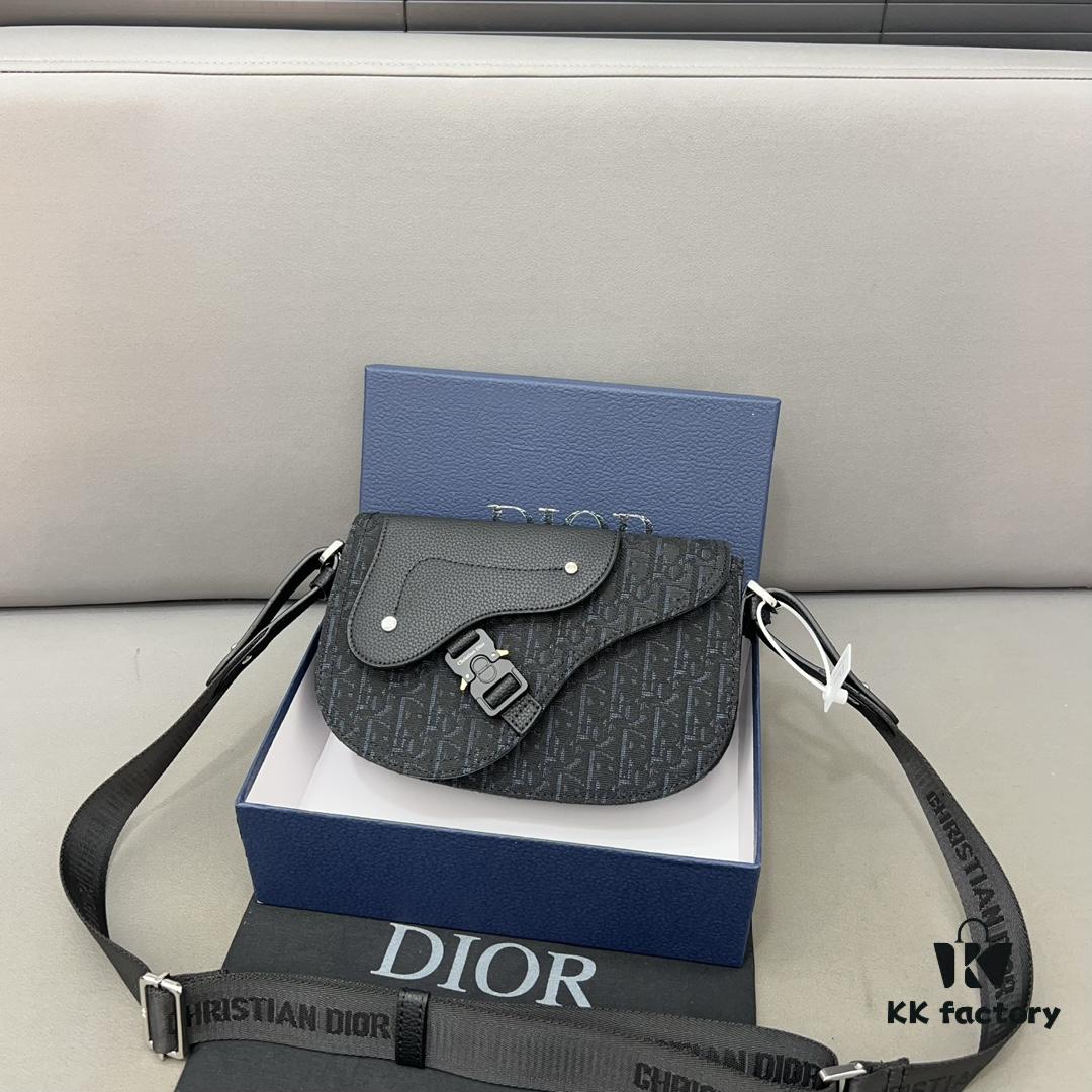 DIOR Men's Flap Shoulder Saddle Bag in Black Canvas with Leather Trim, Long Adjustable Strap, Unisex Portable Design, Celebrity Must-Have, Crafted with Precision Inlay Workmanship, Classic and Versatile