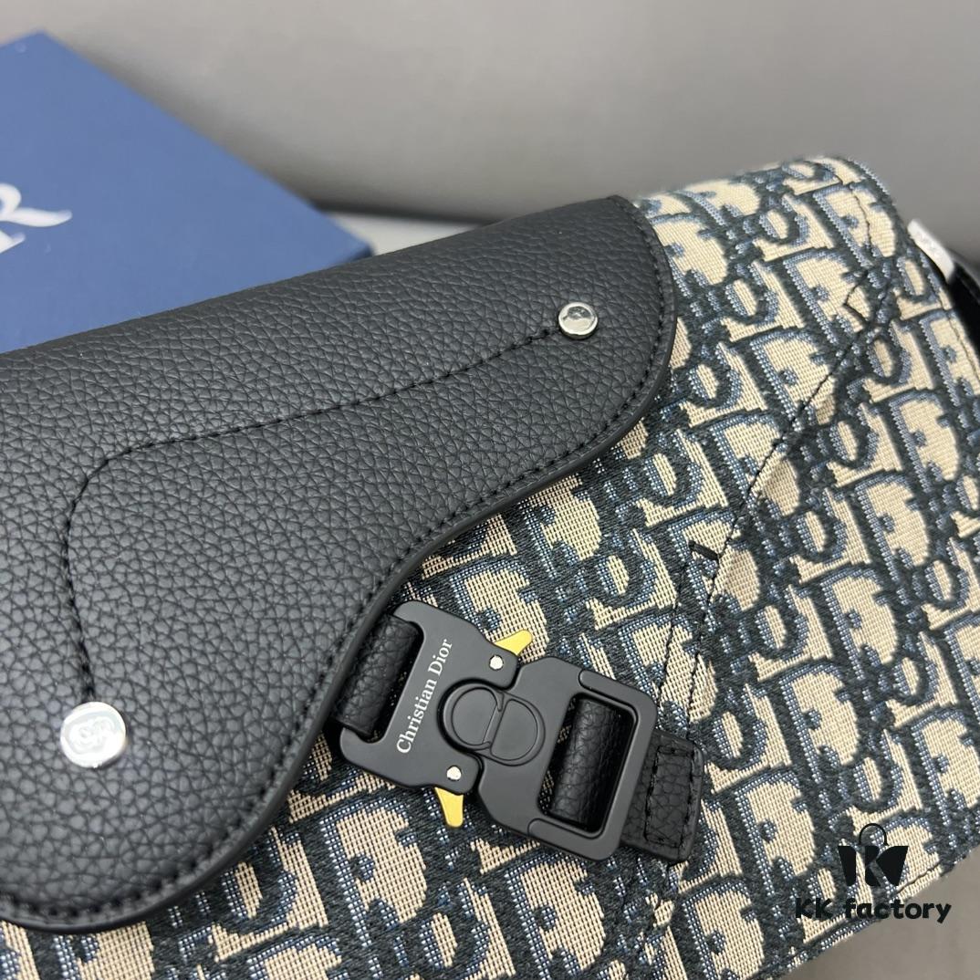 DIOR Men's Flap Shoulder Saddle Bag in Black Canvas with Leather Trim, Long Adjustable Strap, Unisex Portable Design, Celebrity Must-Have, Crafted with Precision Inlay Workmanship, Classic and Versatile