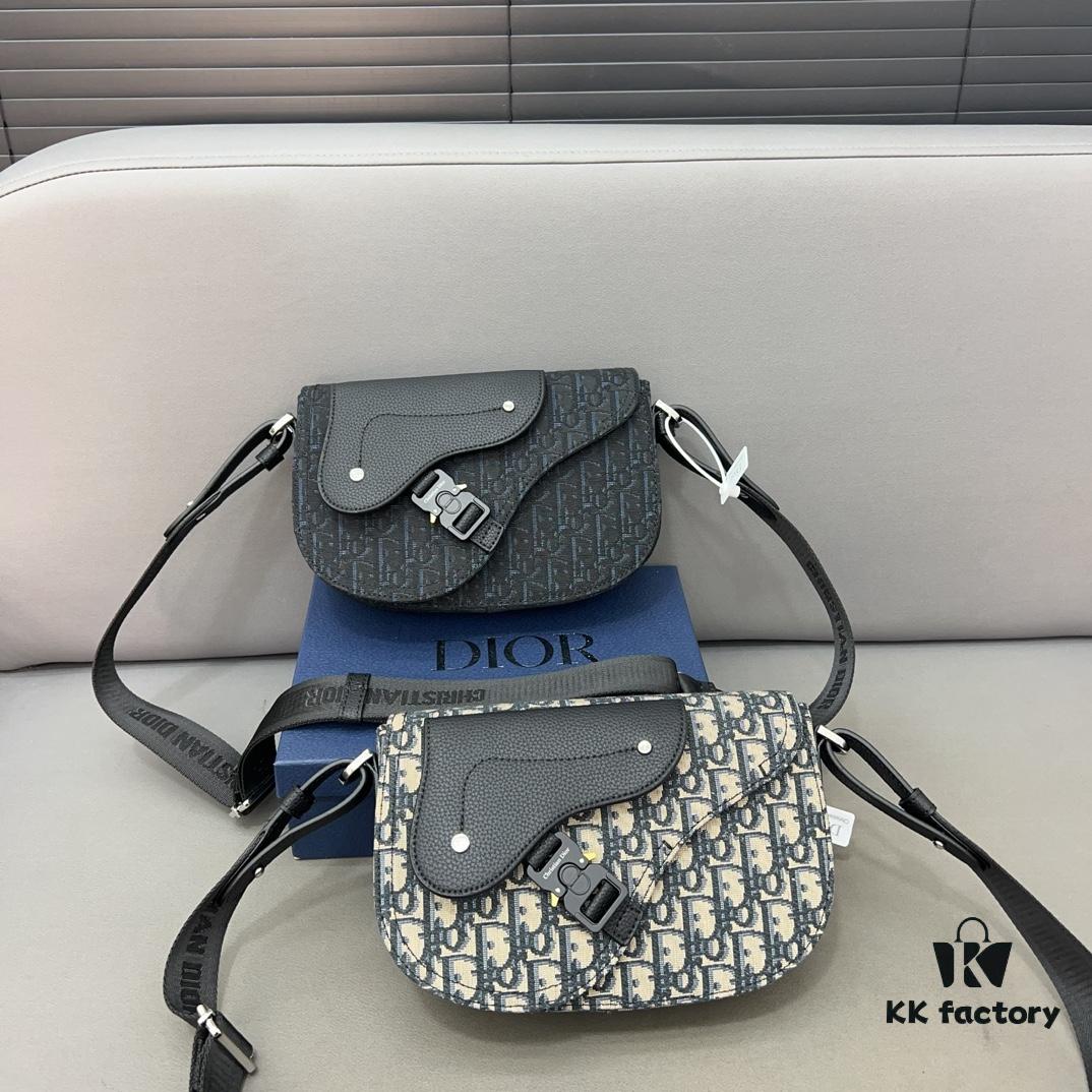 DIOR Men's Flap Shoulder Saddle Bag in Black Canvas with Leather Trim, Long Adjustable Strap, Unisex Portable Design, Celebrity Must-Have, Crafted with Precision Inlay Workmanship, Classic and Versatile