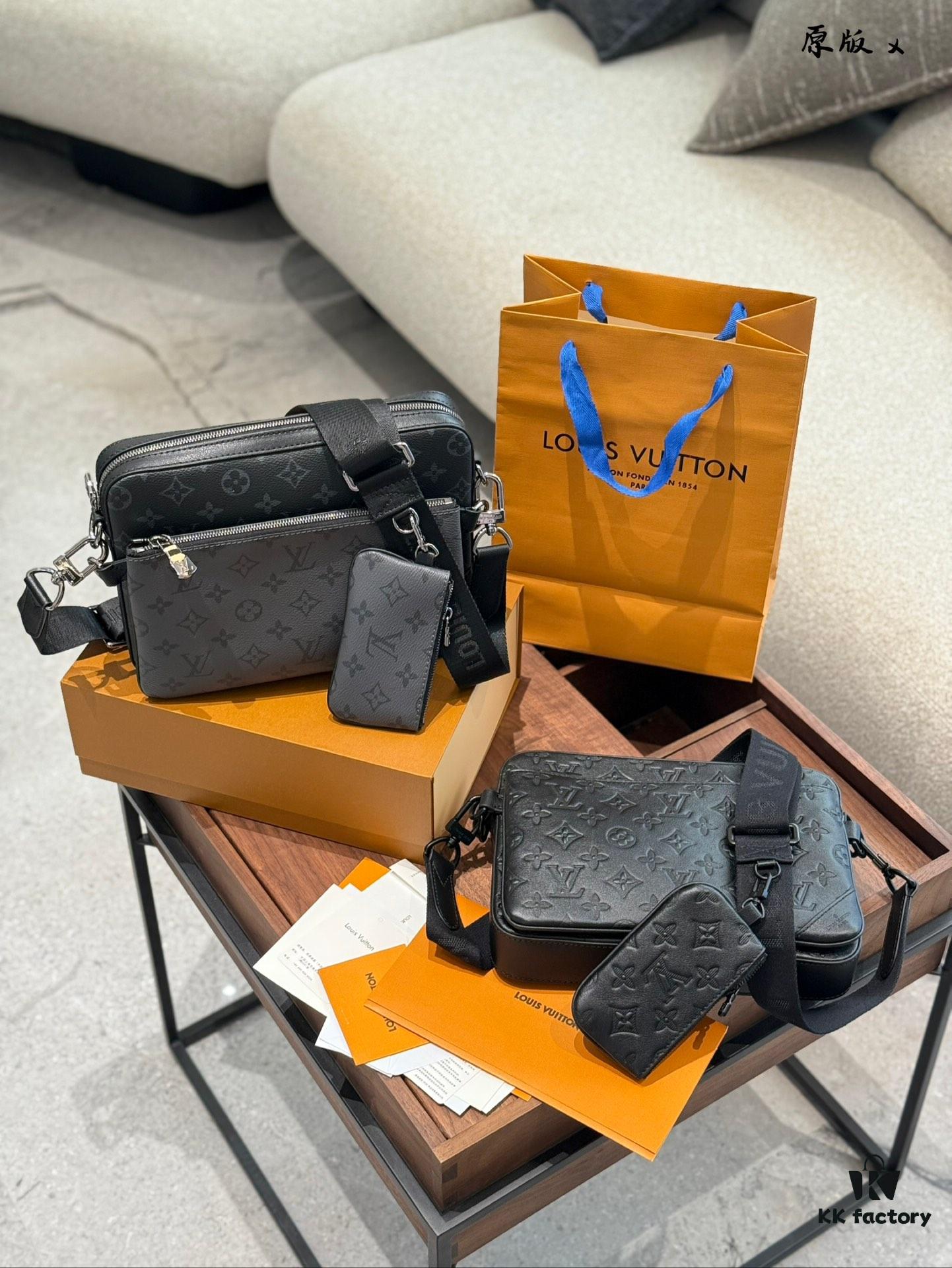 Embossed Cowhide Black Flower LV Men's Three-in-One Black Warrior Trio Messenger Bag