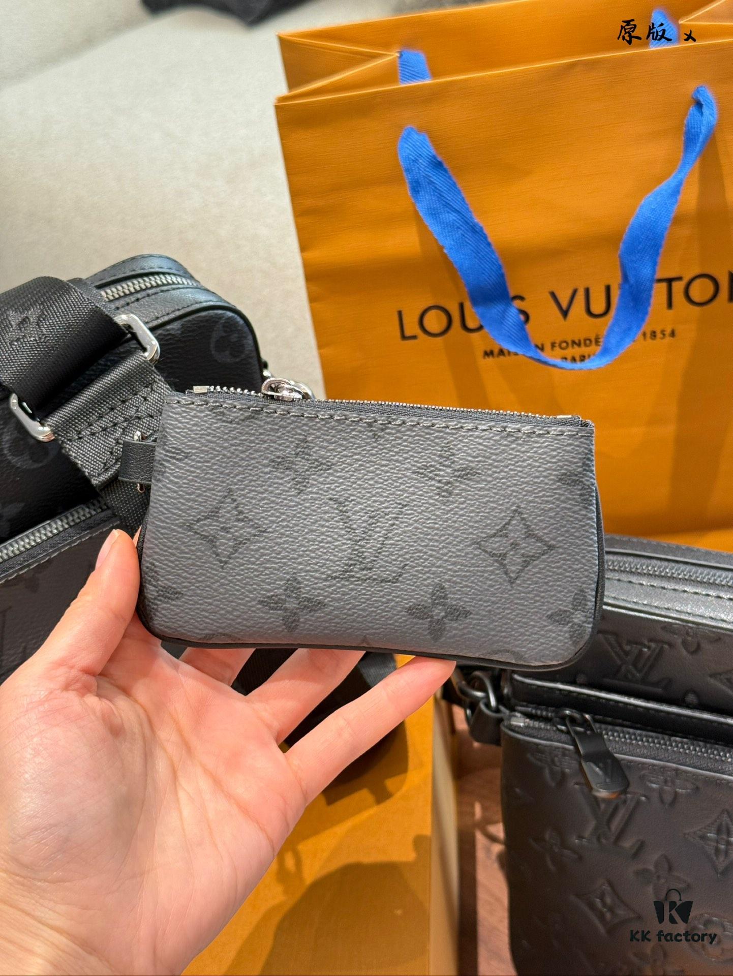 Embossed Cowhide Black Flower LV Men's Three-in-One Black Warrior Trio Messenger Bag