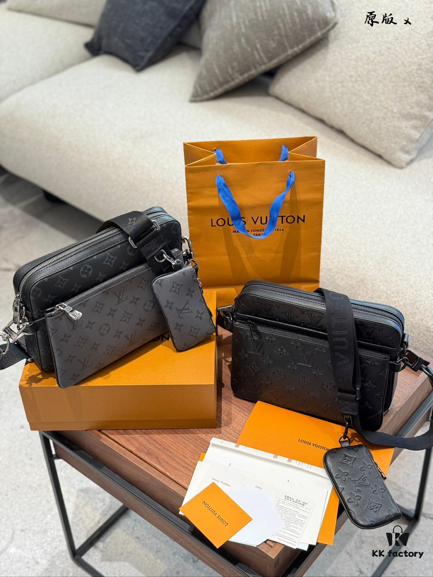 Embossed Cowhide Black Flower LV Men's Three-in-One Black Warrior Trio Messenger Bag