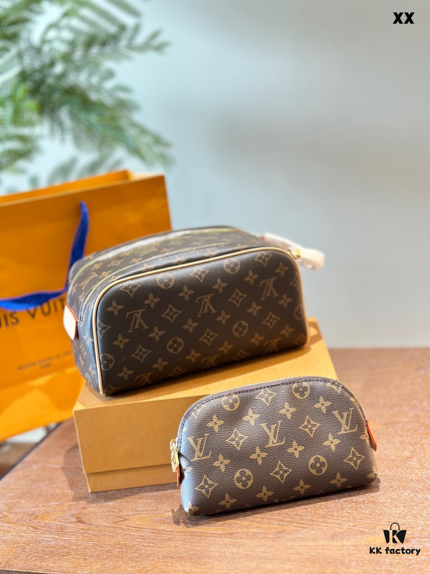 Color-Changing Cowhide LV Fashion Cosmetic Bag, Dual-Zip Design, Classic Monogram, Imported Original PVC Material, Size: 27x13cm