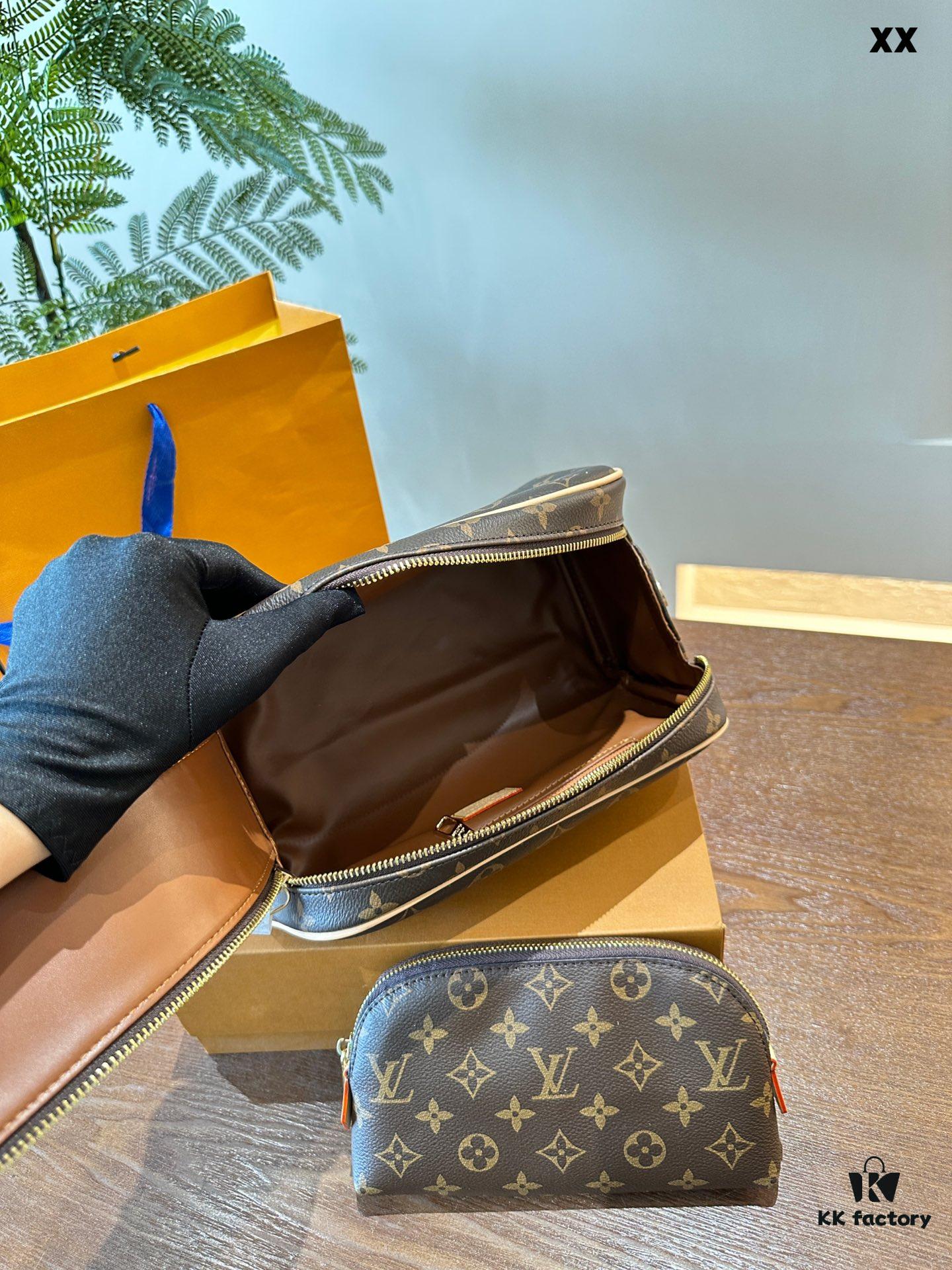 Color-Changing Cowhide LV Fashion Cosmetic Bag, Dual-Zip Design, Classic Monogram, Imported Original PVC Material, Size: 27x13cm