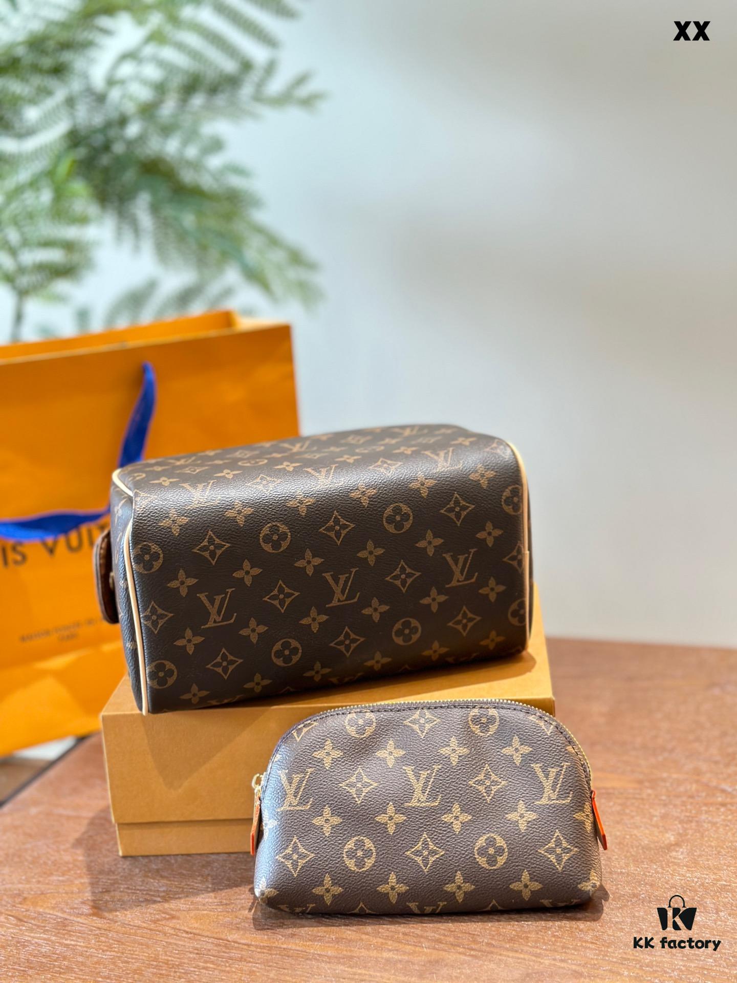 Color-Changing Cowhide LV Fashion Cosmetic Bag, Dual-Zip Design, Classic Monogram, Imported Original PVC Material, Size: 27x13cm