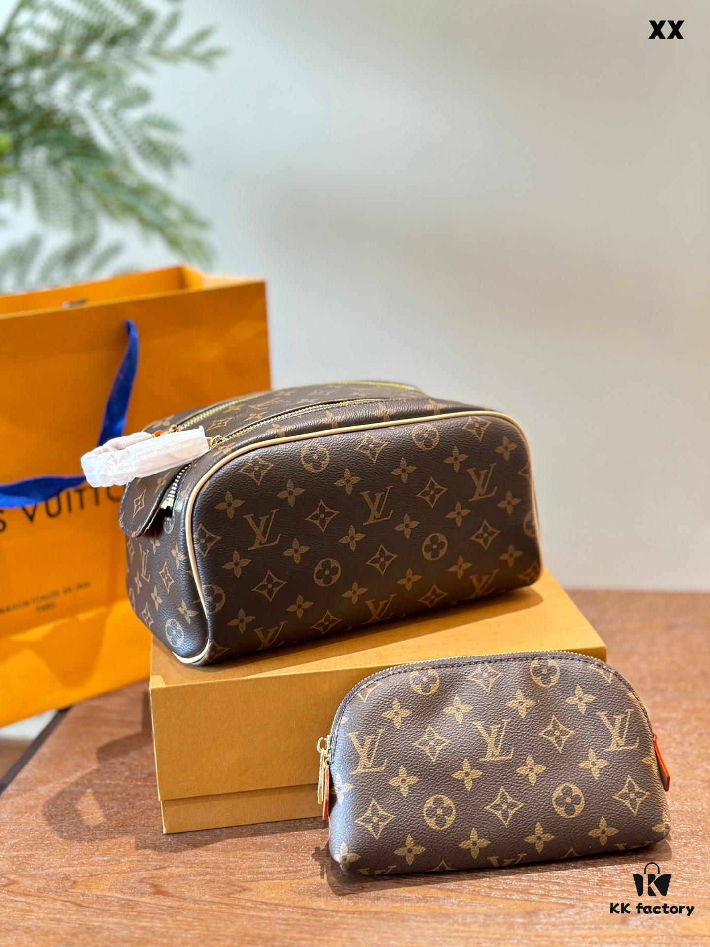 Color-Changing Cowhide LV Fashion Cosmetic Bag, Dual-Zip Design, Classic Monogram, Imported Original PVC Material, Size: 27x13cm