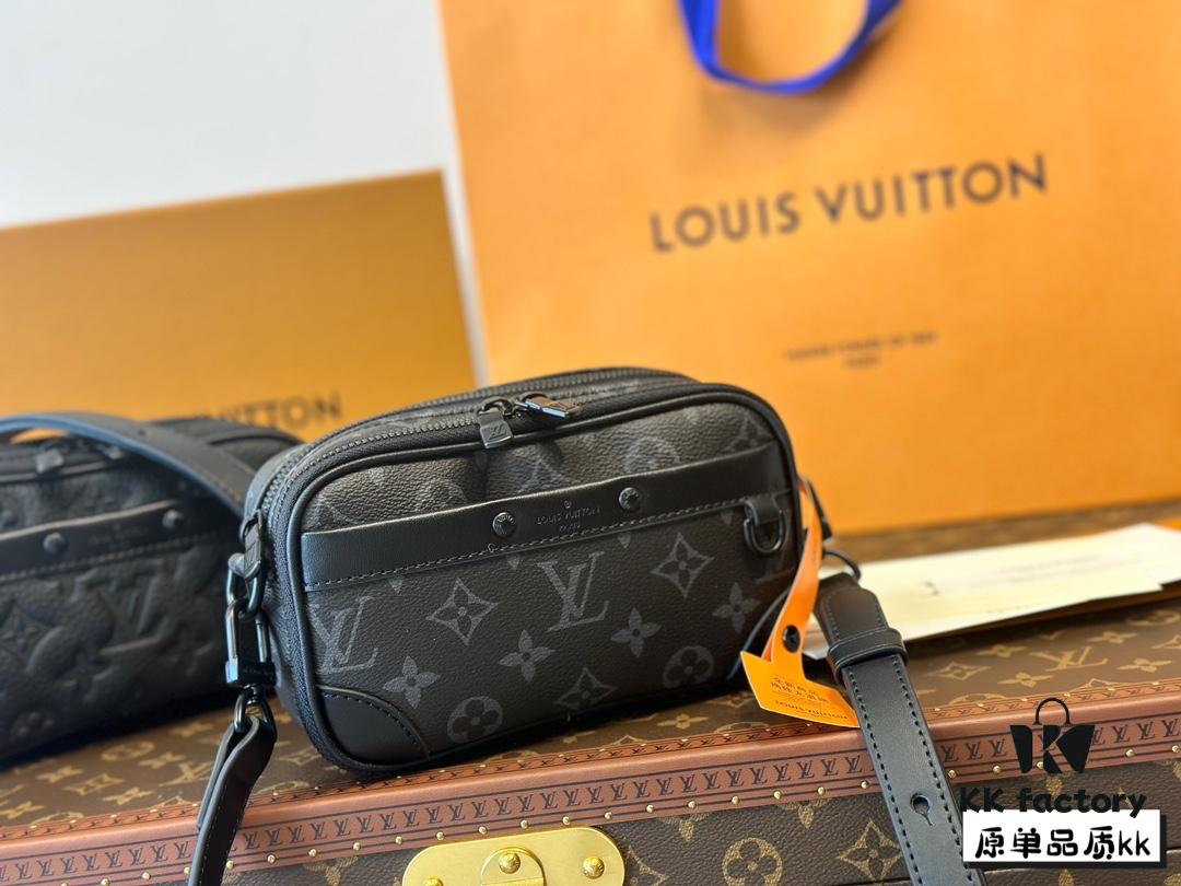 LV Latest Men's Camera Bag Nano Alpha Black Floral Embossing Full Set Packaging