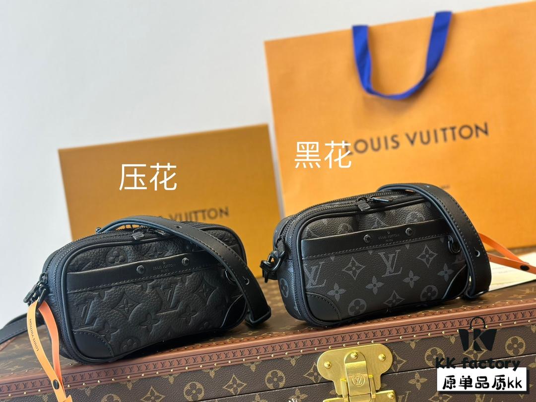 LV Latest Men's Camera Bag Nano Alpha Black Floral Embossing Full Set Packaging
