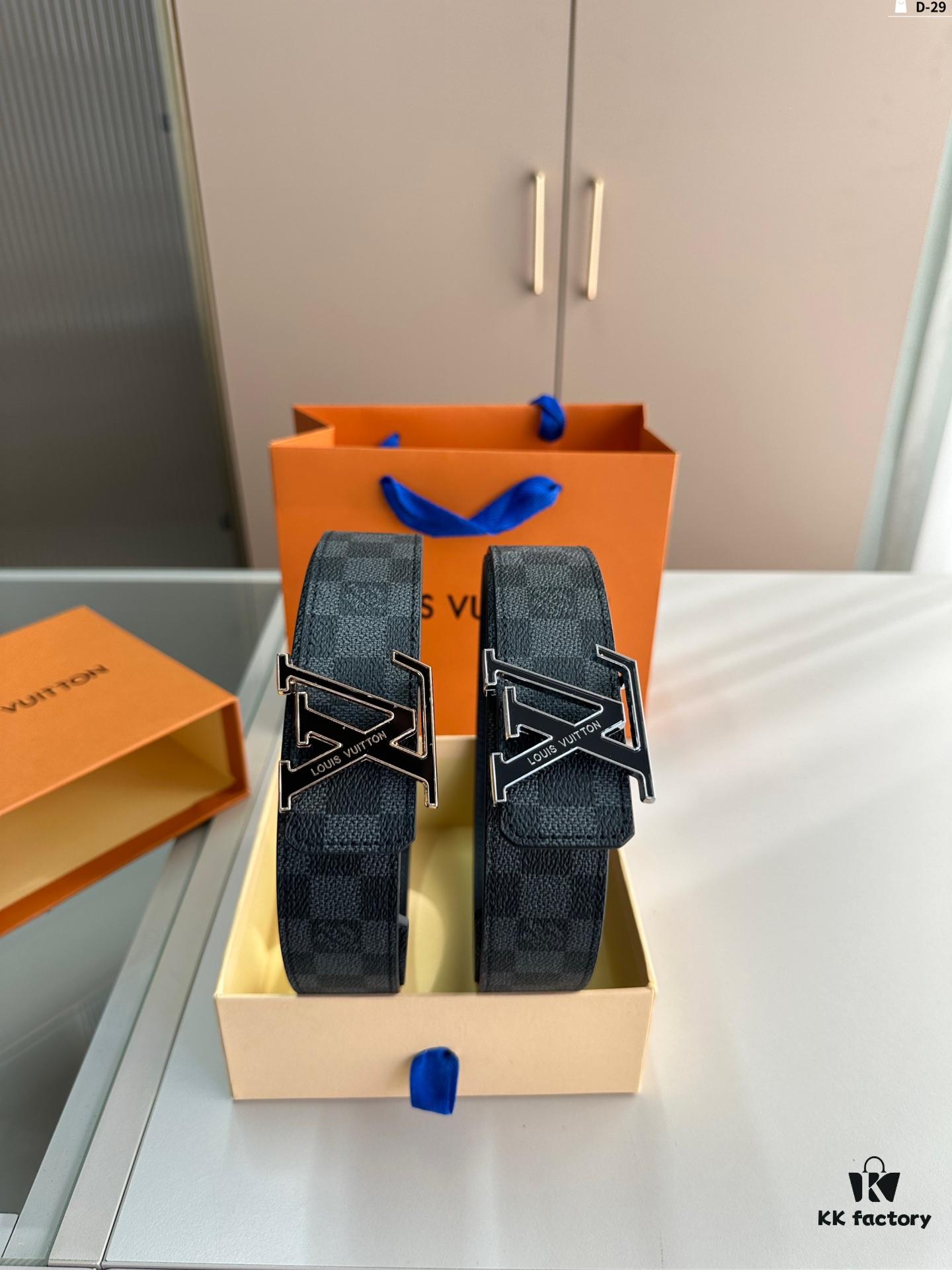 LV Belt Men's Leather Belt D-29 Full Packaging with Tote Bag