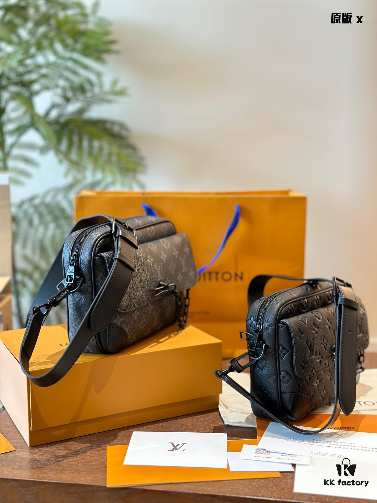 LV Men's Steamer Messenger Bag in Embossed Calfskin with Black Flower Pattern