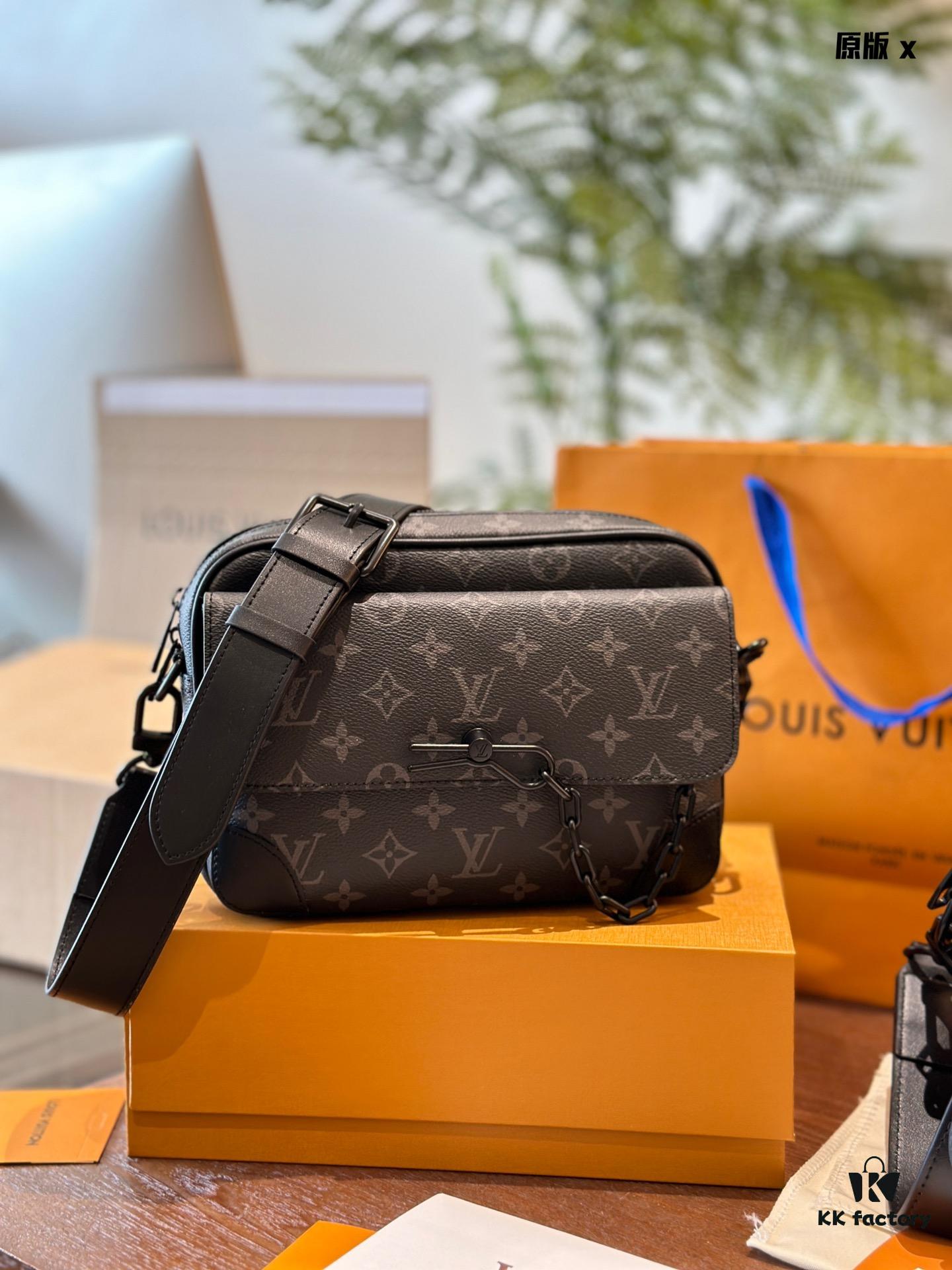 LV Men's Steamer Messenger Bag in Embossed Calfskin with Black Flower Pattern