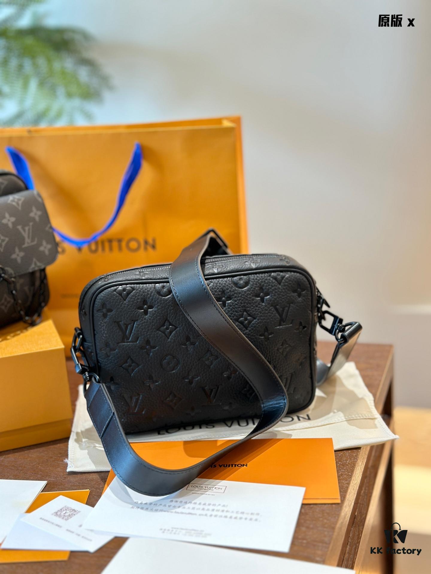 LV Men's Steamer Messenger Bag in Embossed Calfskin with Black Flower Pattern