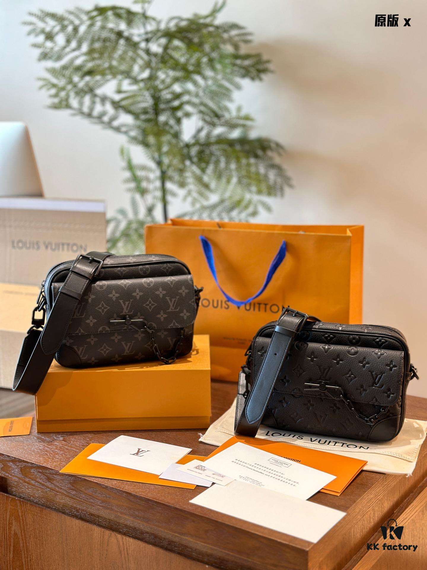 LV Men's Steamer Messenger Bag in Embossed Calfskin with Black Flower Pattern