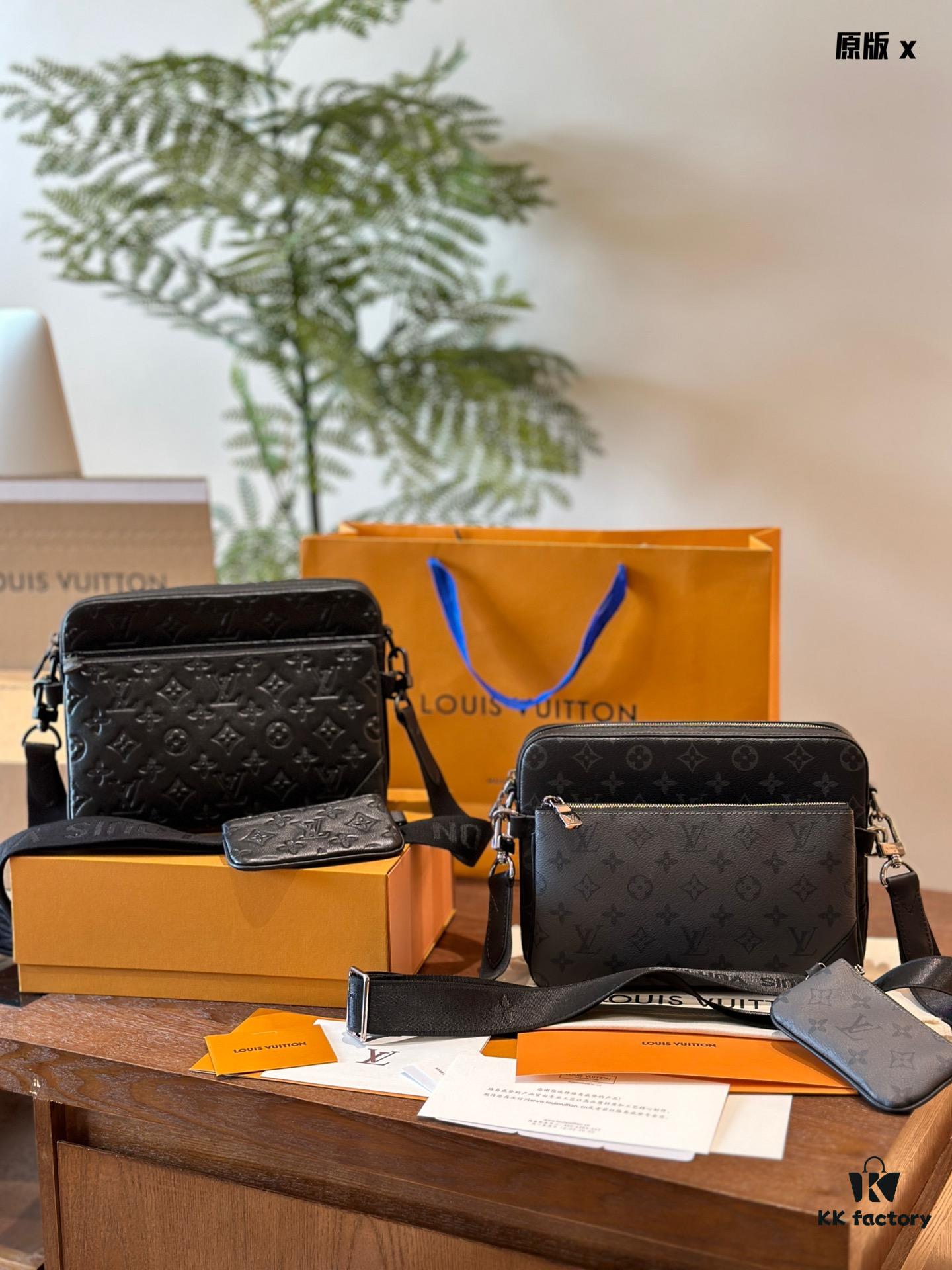 Embossed Cowhide Black Monogram LV Men's Trio Three-in-One Messenger Bag in Black Knight Style