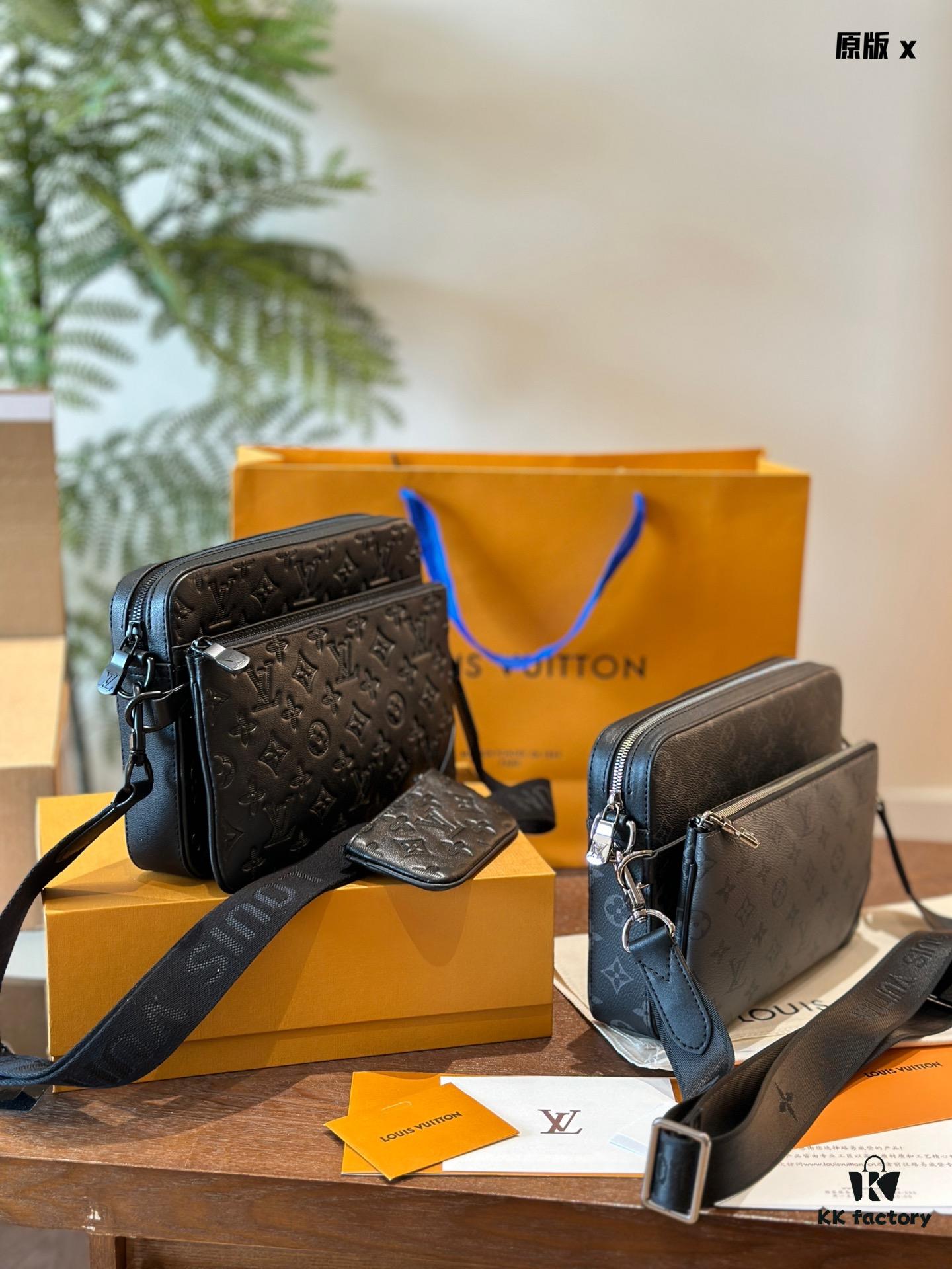 Embossed Cowhide Black Monogram LV Men's Trio Three-in-One Messenger Bag in Black Knight Style