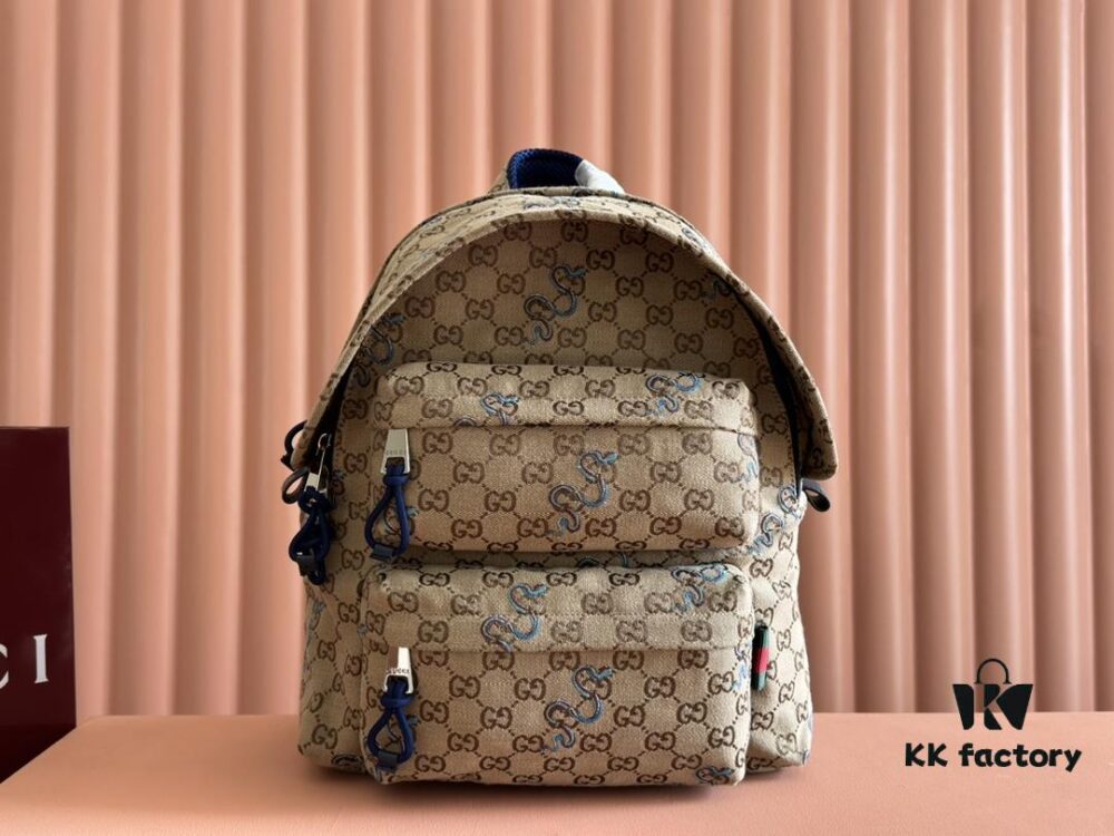 Gucci Men's Backpack with Coiled Snake Embroidery in Beige and Brown Original GG Canvas, Blue Contrast Trim