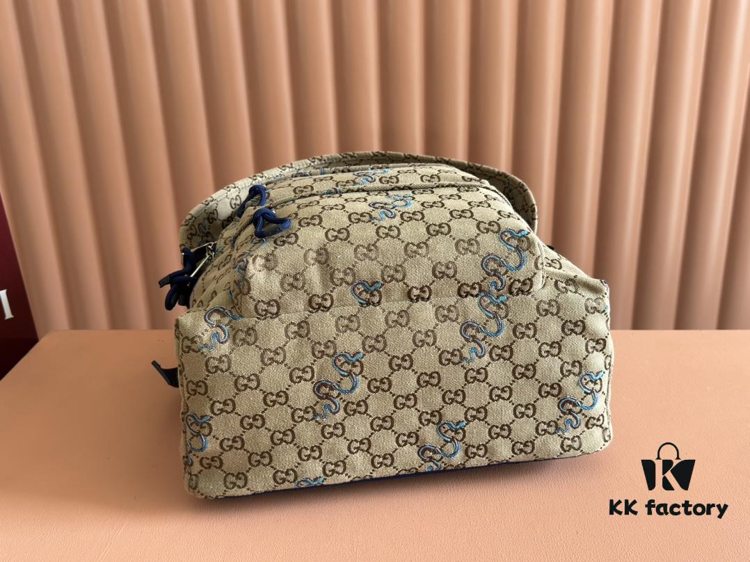 Gucci Men's Backpack with Coiled Snake Embroidery in Beige and Brown Original GG Canvas, Blue Contrast Trim