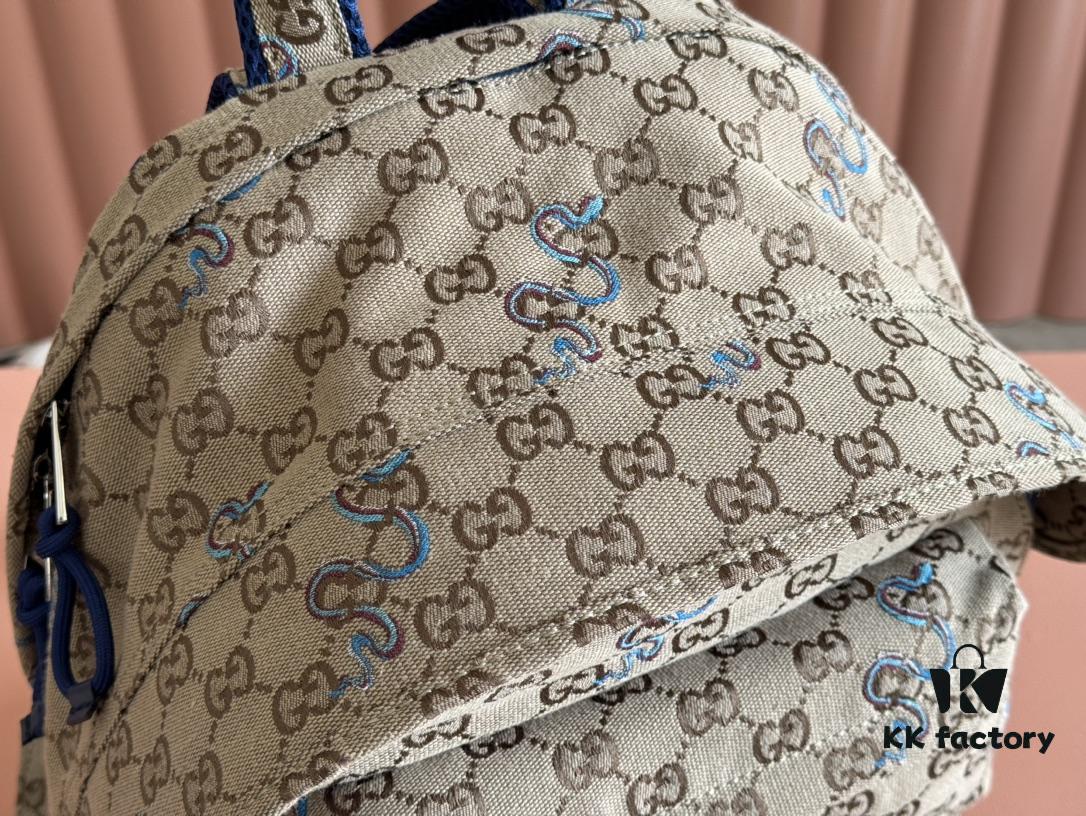 Gucci Men's Backpack with Coiled Snake Embroidery in Beige and Brown Original GG Canvas, Blue Contrast Trim