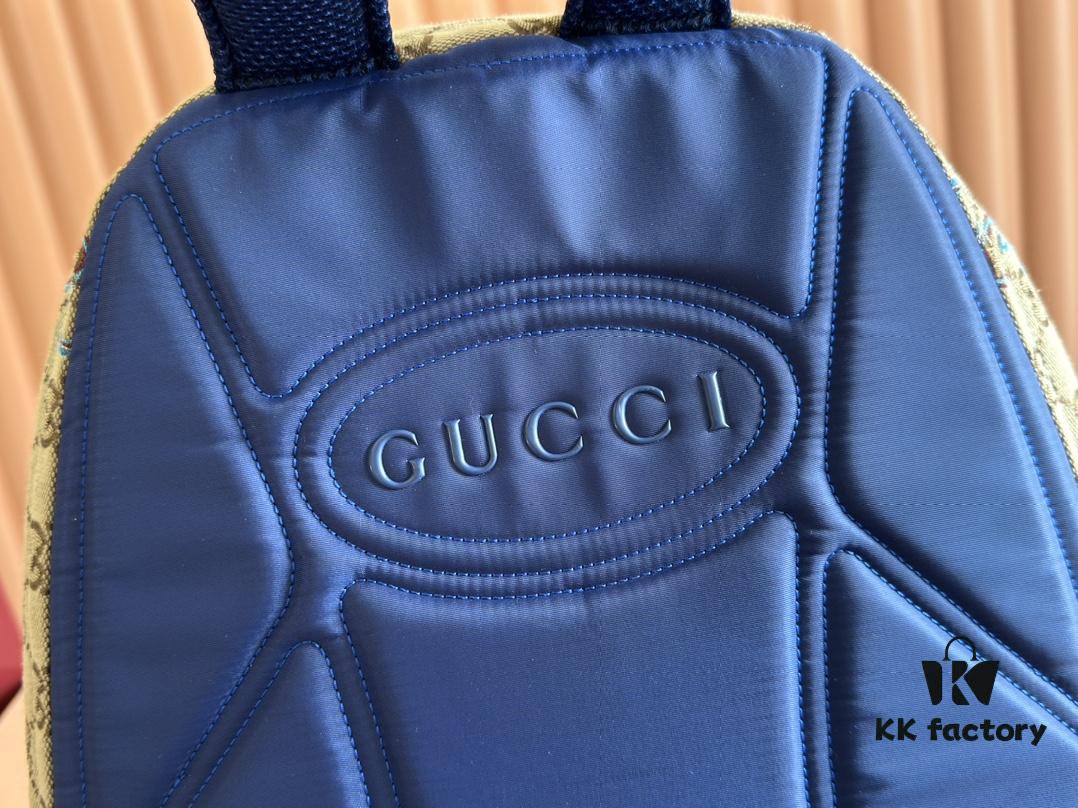 Gucci Men's Backpack with Coiled Snake Embroidery in Beige and Brown Original GG Canvas, Blue Contrast Trim