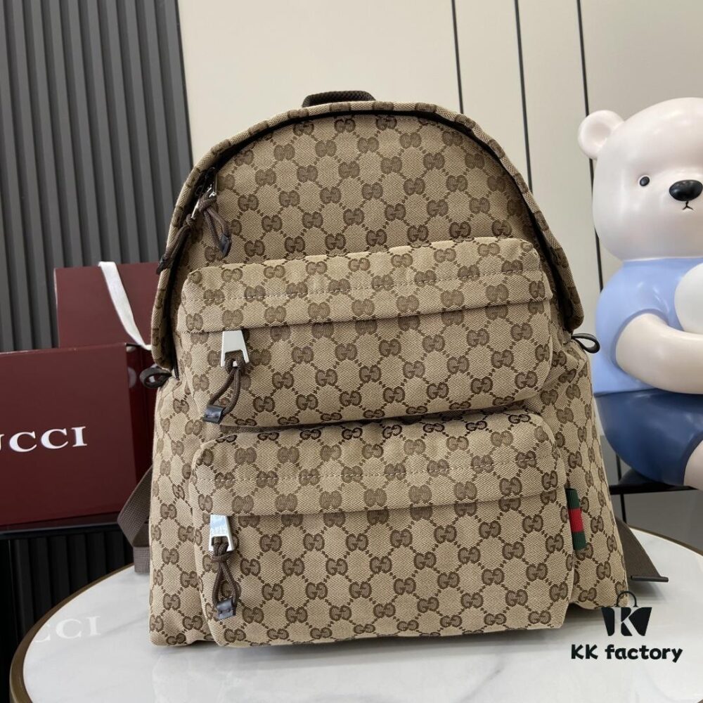 Gucci Logo Medium Backpack in Beige and Ebony GG Canvas with Original Green Gift Bag