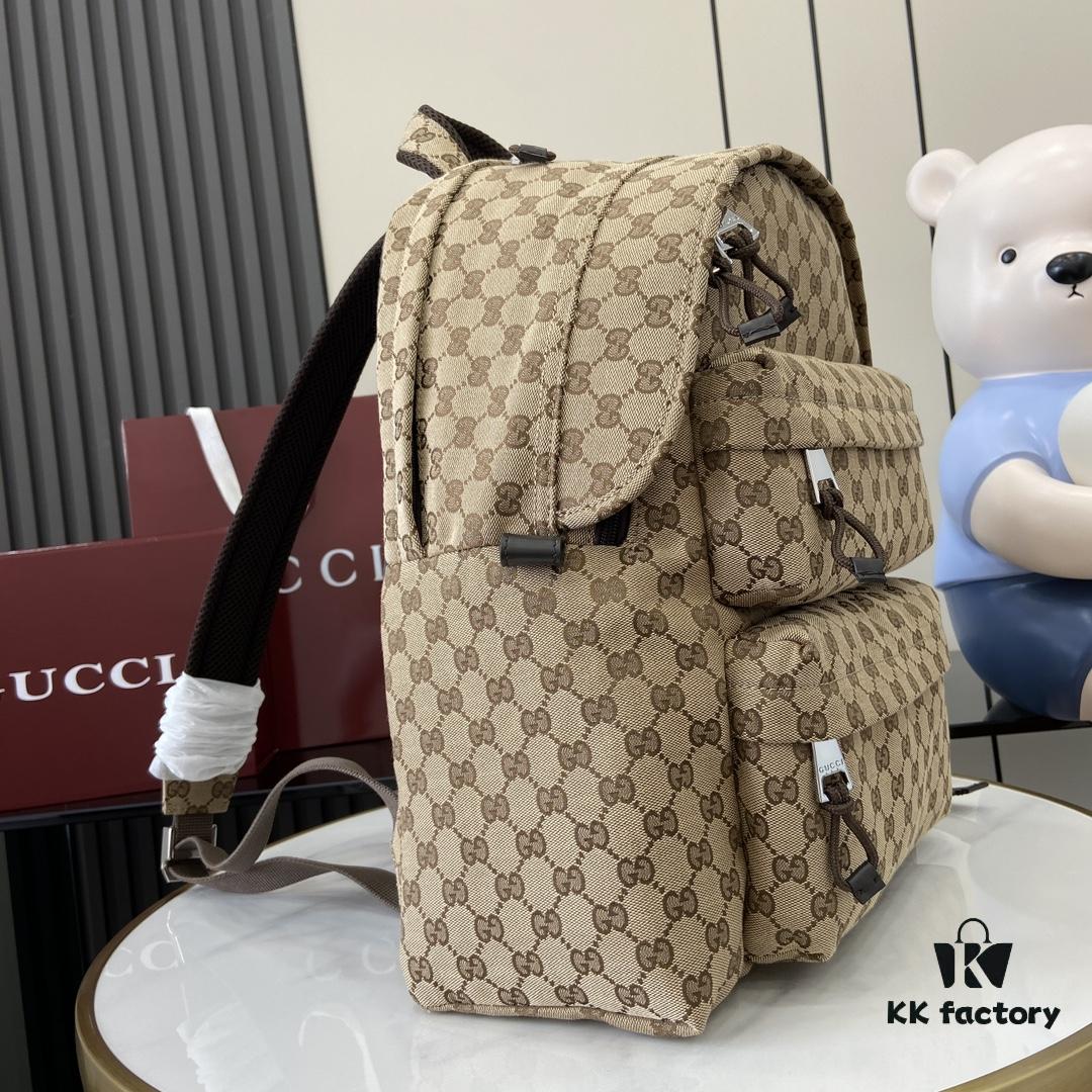 Gucci Logo Medium Backpack in Beige and Ebony GG Canvas with Original Green Gift Bag