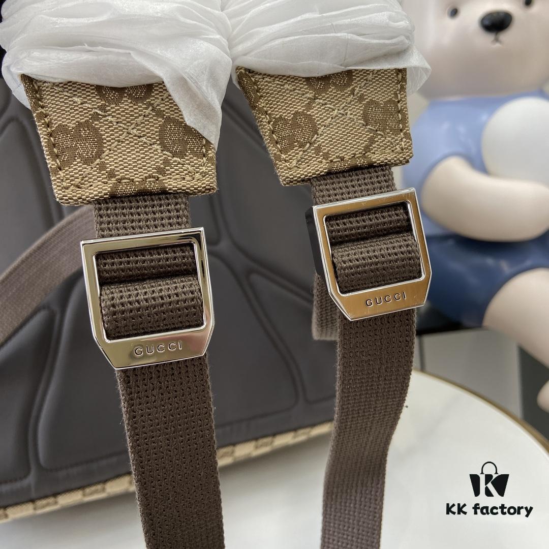 Gucci Logo Medium Backpack in Beige and Ebony GG Canvas with Original Green Gift Bag