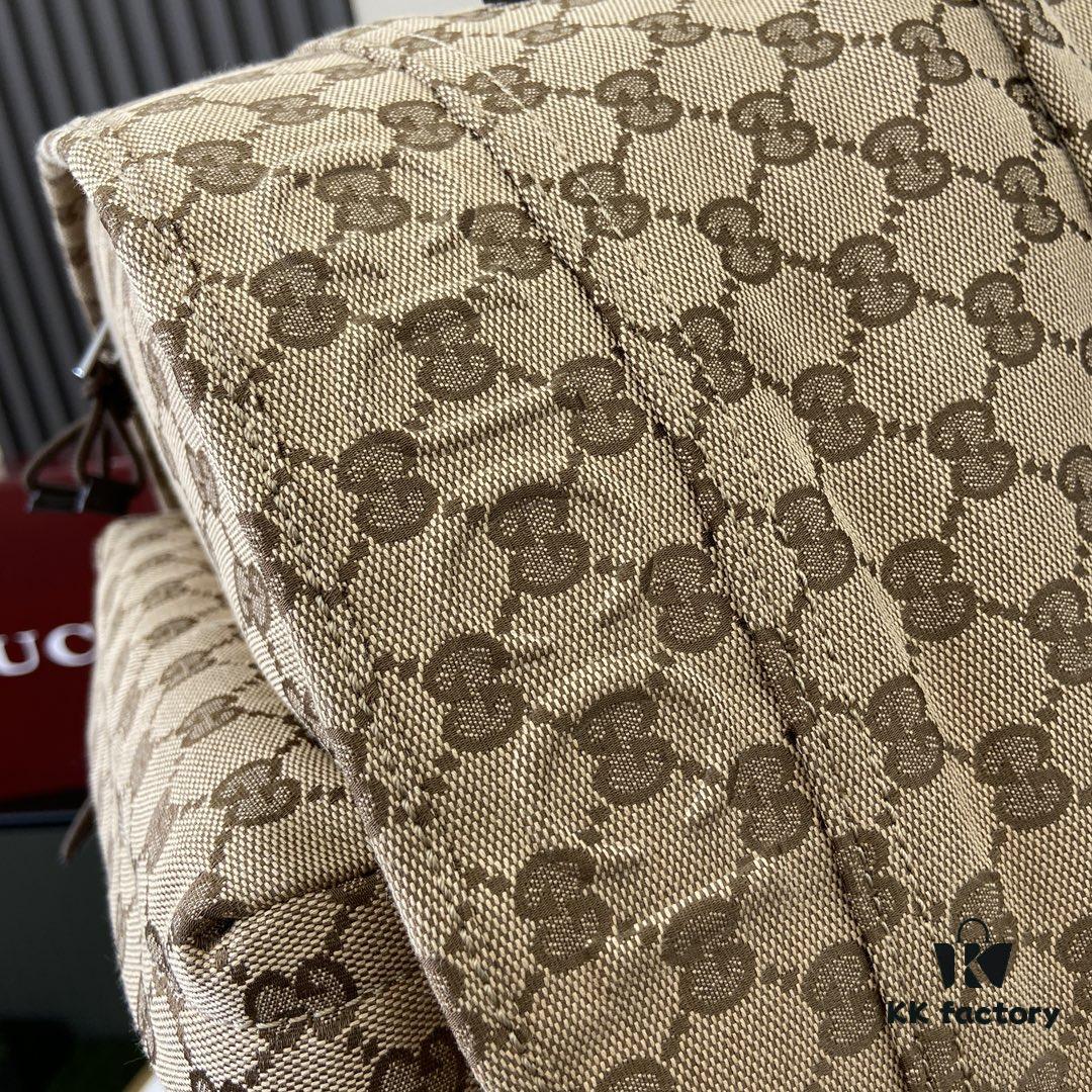 Gucci Logo Medium Backpack in Beige and Ebony GG Canvas with Original Green Gift Bag