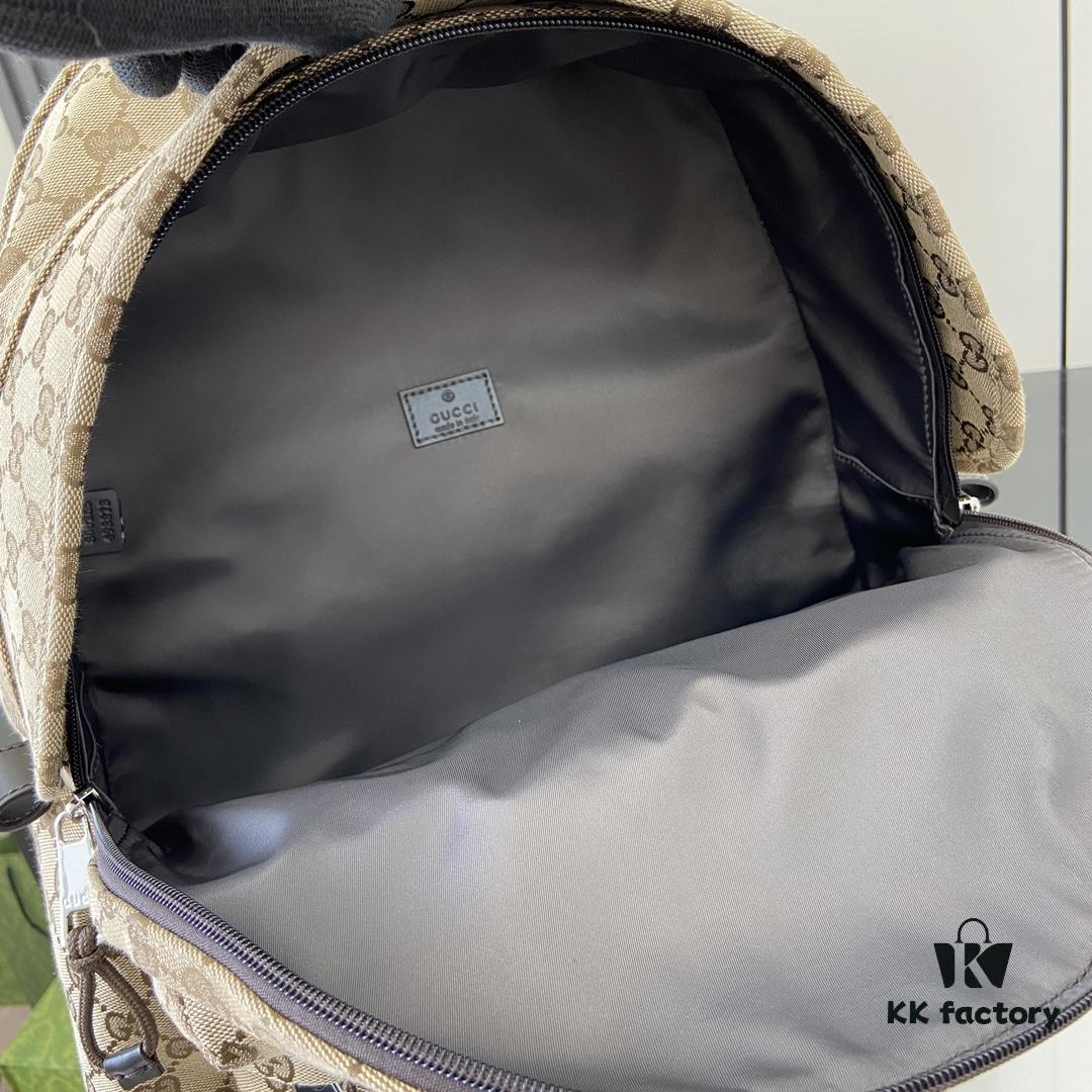 Gucci Logo Medium Backpack in Beige and Ebony GG Canvas with Original Green Gift Bag