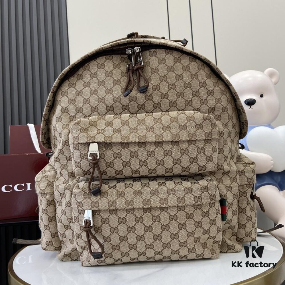 Gucci Logo Large Backpack in Beige and Ebony GG Canvas with Original Green Gift Bag