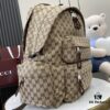 Gucci Logo Large Backpack in Beige and Ebony GG Canvas with Original Green Gift Bag