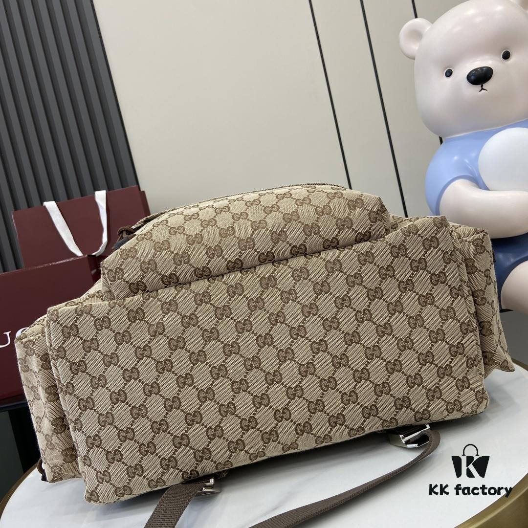 Gucci Logo Large Backpack in Beige and Ebony GG Canvas with Original Green Gift Bag