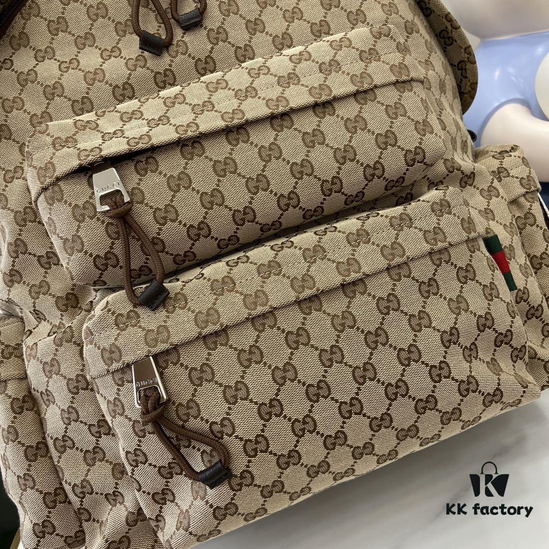 Gucci Logo Large Backpack in Beige and Ebony GG Canvas with Original Green Gift Bag