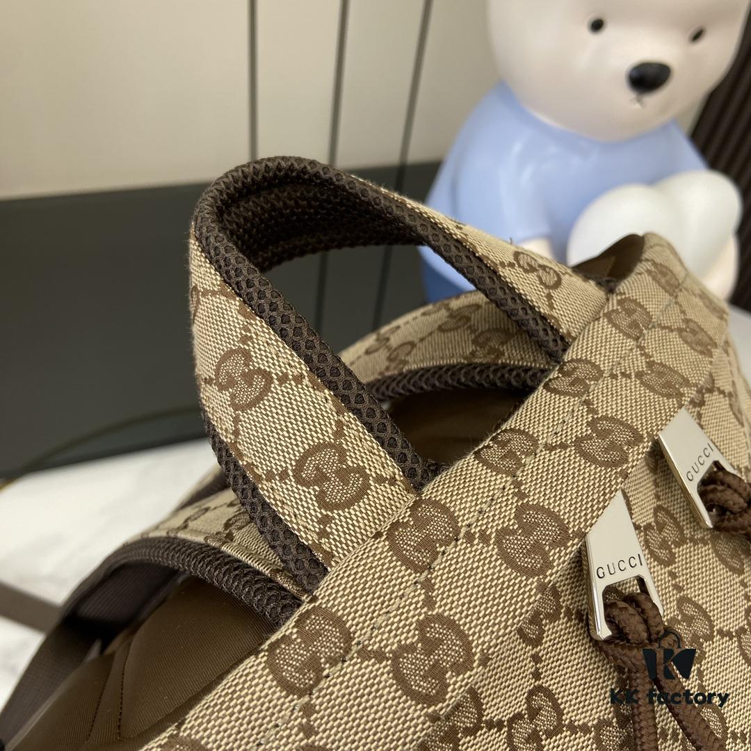 Gucci Logo Large Backpack in Beige and Ebony GG Canvas with Original Green Gift Bag