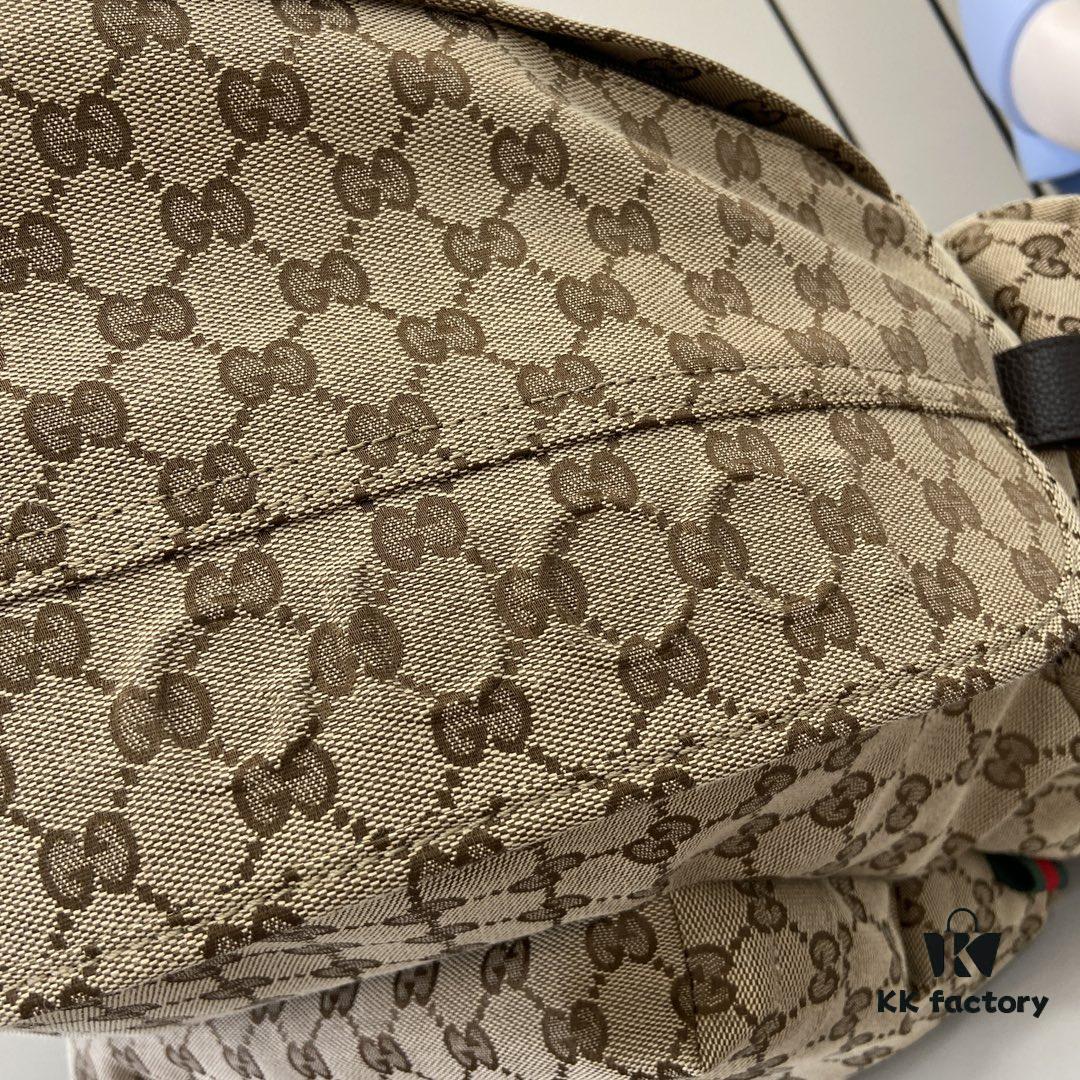 Gucci Logo Large Backpack in Beige and Ebony GG Canvas with Original Green Gift Bag