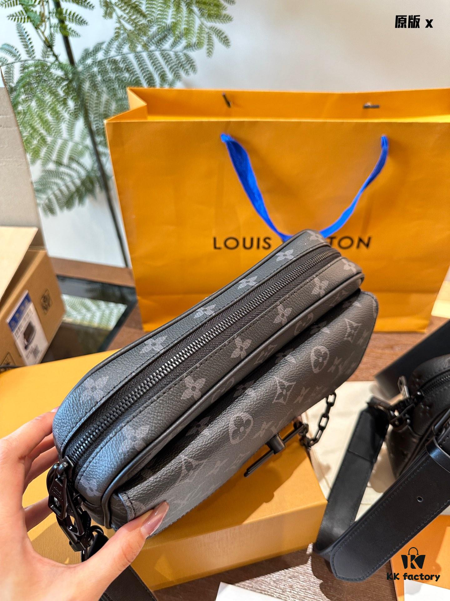 LV Men's Steamer Messenger Bag in Embossed Calfskin with Black Flower Pattern