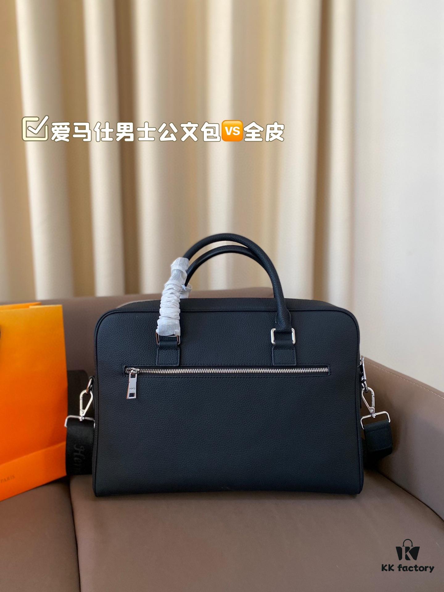 Hermes Men's Leather Briefcase, Can Be Worn Crossbody or Carried by Hand, Spacious for Documents and Laptops, Classic Black, Ideal for Business Men, Size 39 x 28