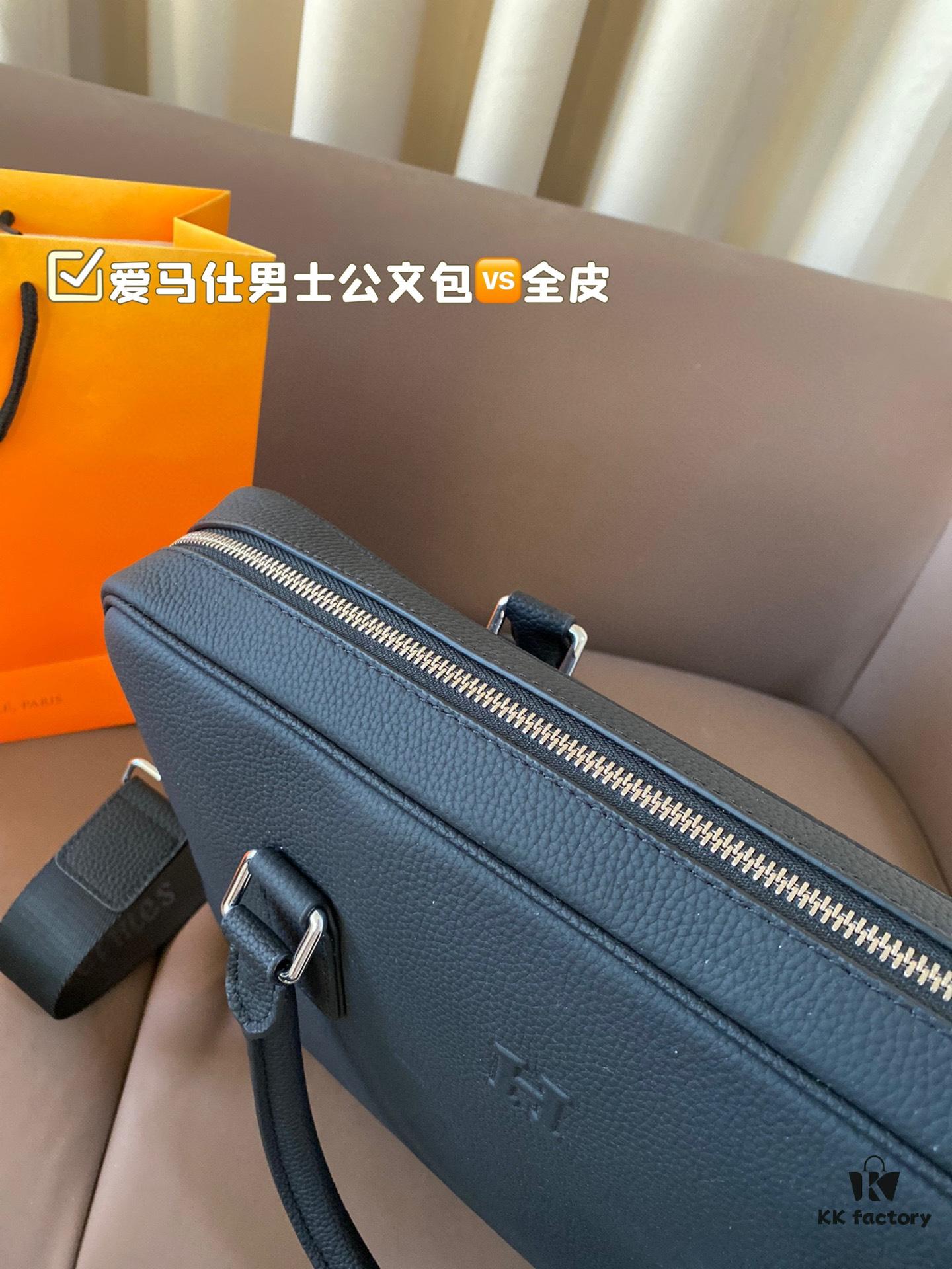 Hermes Men's Leather Briefcase, Can Be Worn Crossbody or Carried by Hand, Spacious for Documents and Laptops, Classic Black, Ideal for Business Men, Size 39 x 28