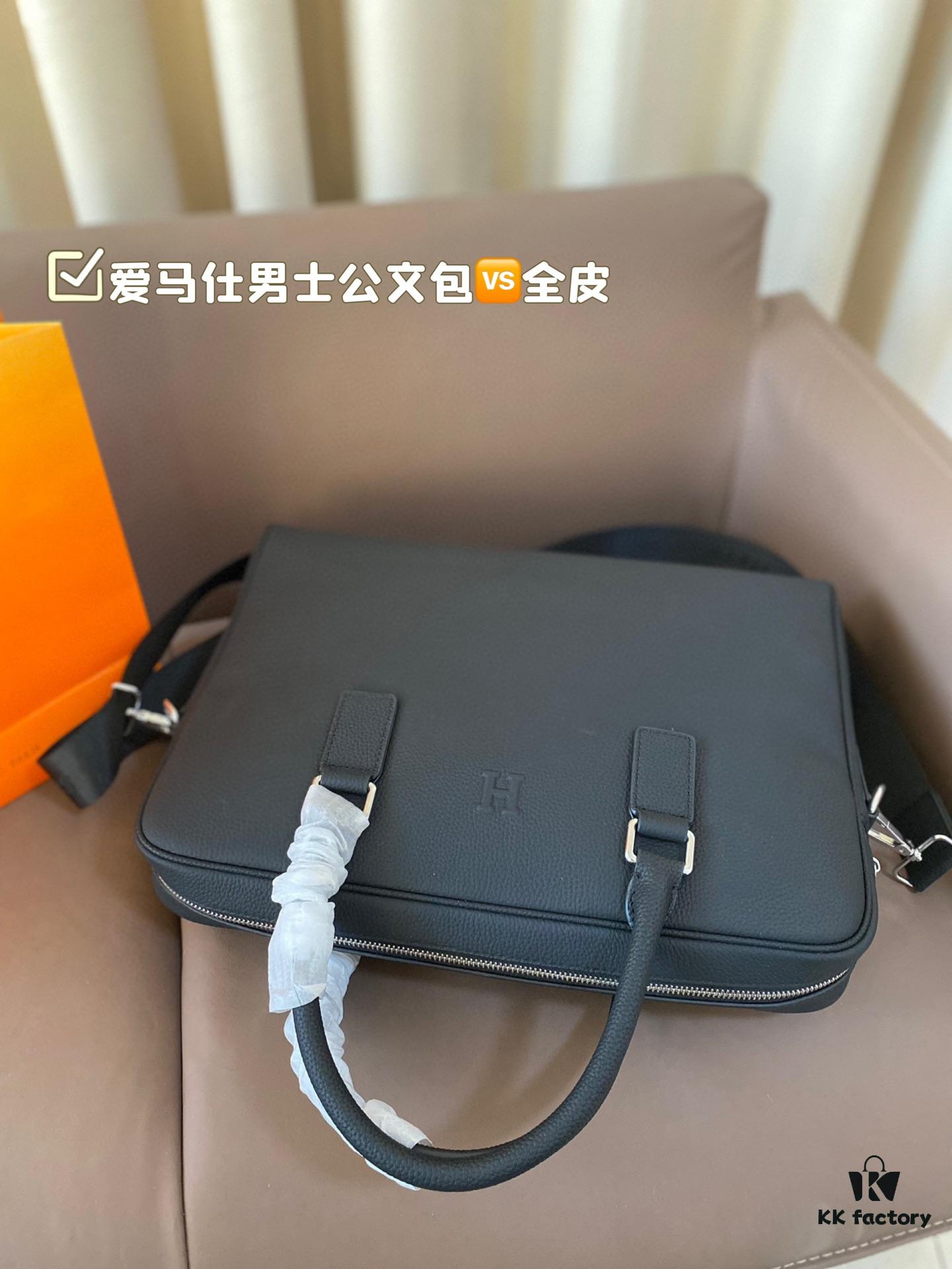 Hermes Men's Leather Briefcase, Can Be Worn Crossbody or Carried by Hand, Spacious for Documents and Laptops, Classic Black, Ideal for Business Men, Size 39 x 28