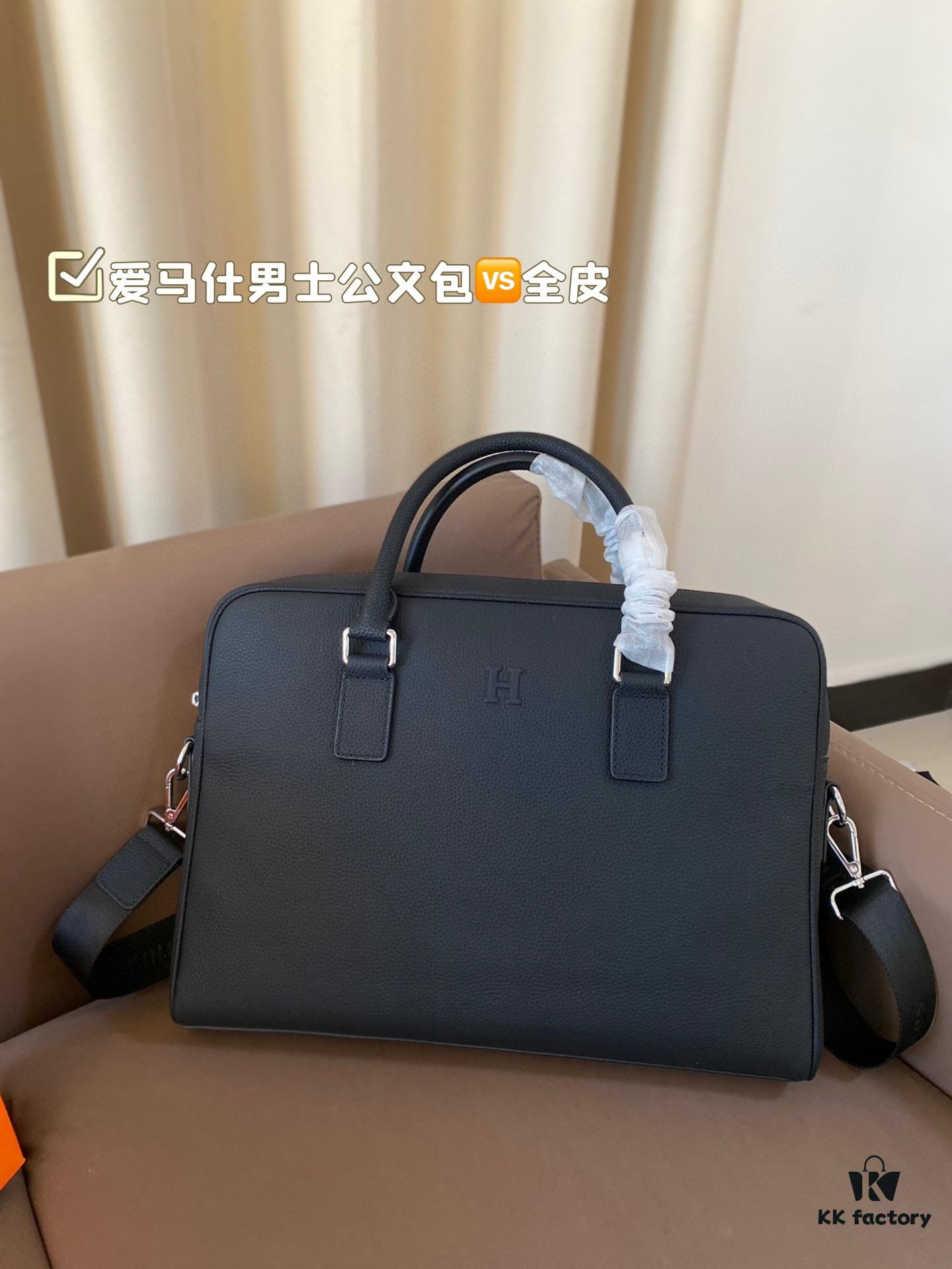 Hermes Men's Leather Briefcase, Can Be Worn Crossbody or Carried by Hand, Spacious for Documents and Laptops, Classic Black, Ideal for Business Men, Size 39 x 28