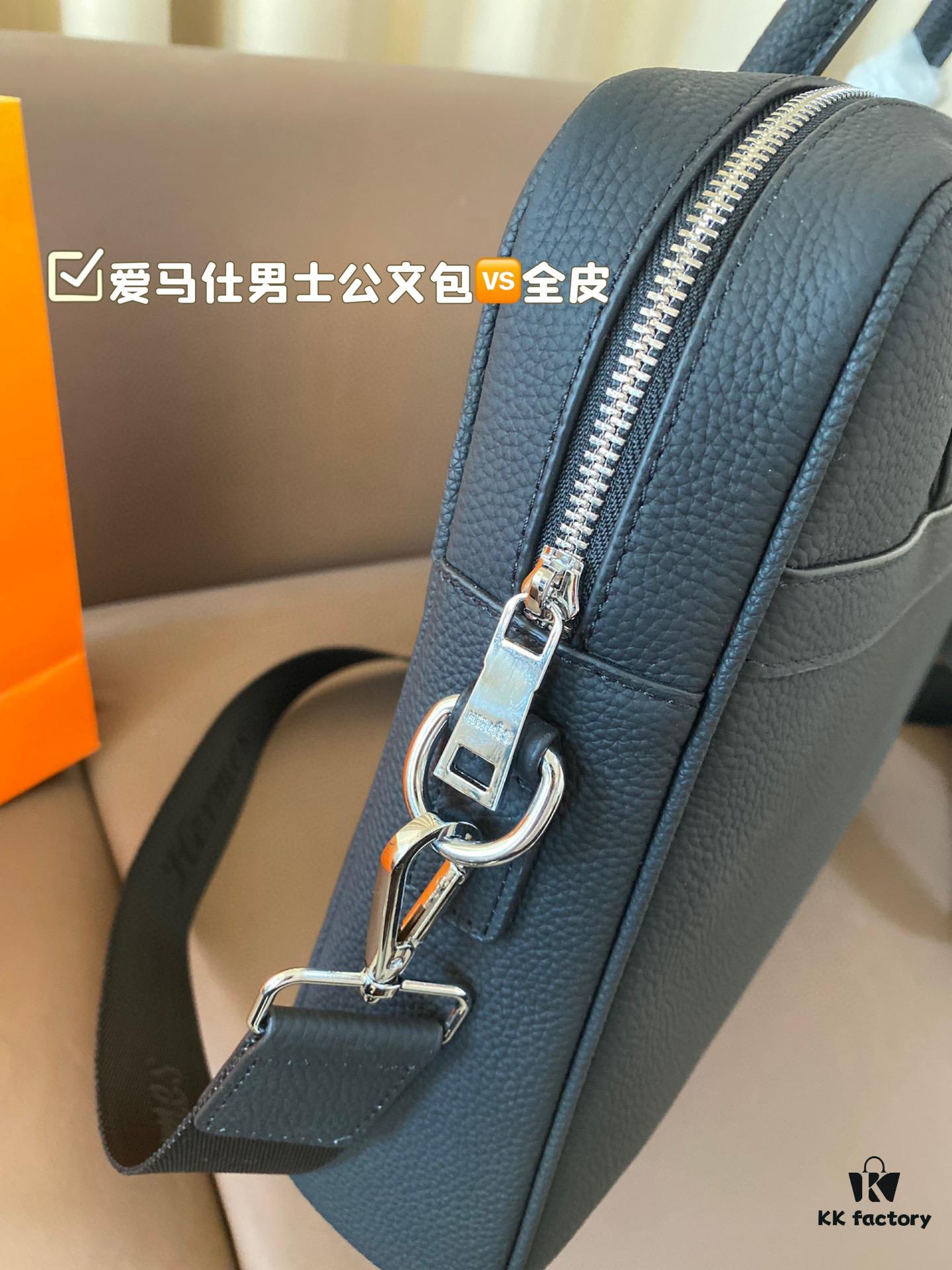 Hermes Men's Leather Briefcase, Can Be Worn Crossbody or Carried by Hand, Spacious for Documents and Laptops, Classic Black, Ideal for Business Men, Size 39 x 28