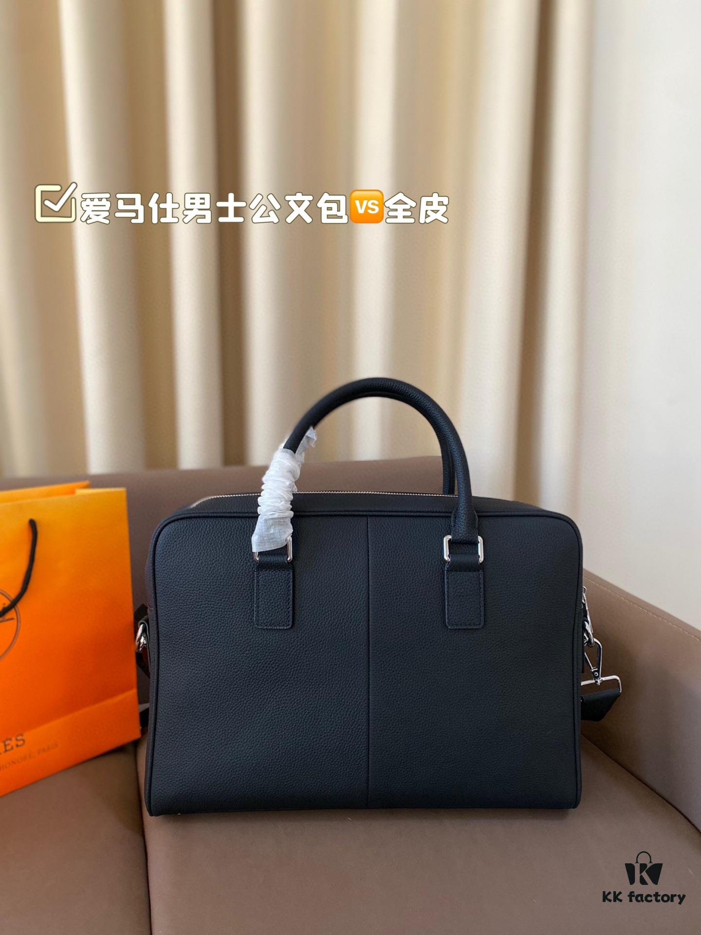 Hermes Men's Leather Briefcase, Can Be Worn Crossbody or Carried by Hand, Spacious for Documents and Laptops, Classic Black, Ideal for Business Men, Size 39 x 28